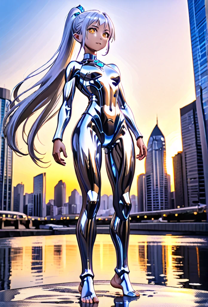 1girl, solo, anime style, 4k quality, masterpiece, best quality, sword art online, , ****, yui, long hair, blunt bangs, white hair, very long hair, high ponytail, pointy ears, elf, barefoot, ultrawoman, robot, colored skin, glowing eyes, yellow eyes, flat chest, giantess, giant, metallic face, metallic skin, shiny skin, chrome skin, gem on chest, colour timer on chest, chest jewel, blue jewel, muscular, abs, Female Bodybuilding Style, beam, tokusatsu,  ultra beam, thick thighs, looking at viewer, full body, smile, closed mouth, standing, giantess, outdoor, city, citycape, skyscraper