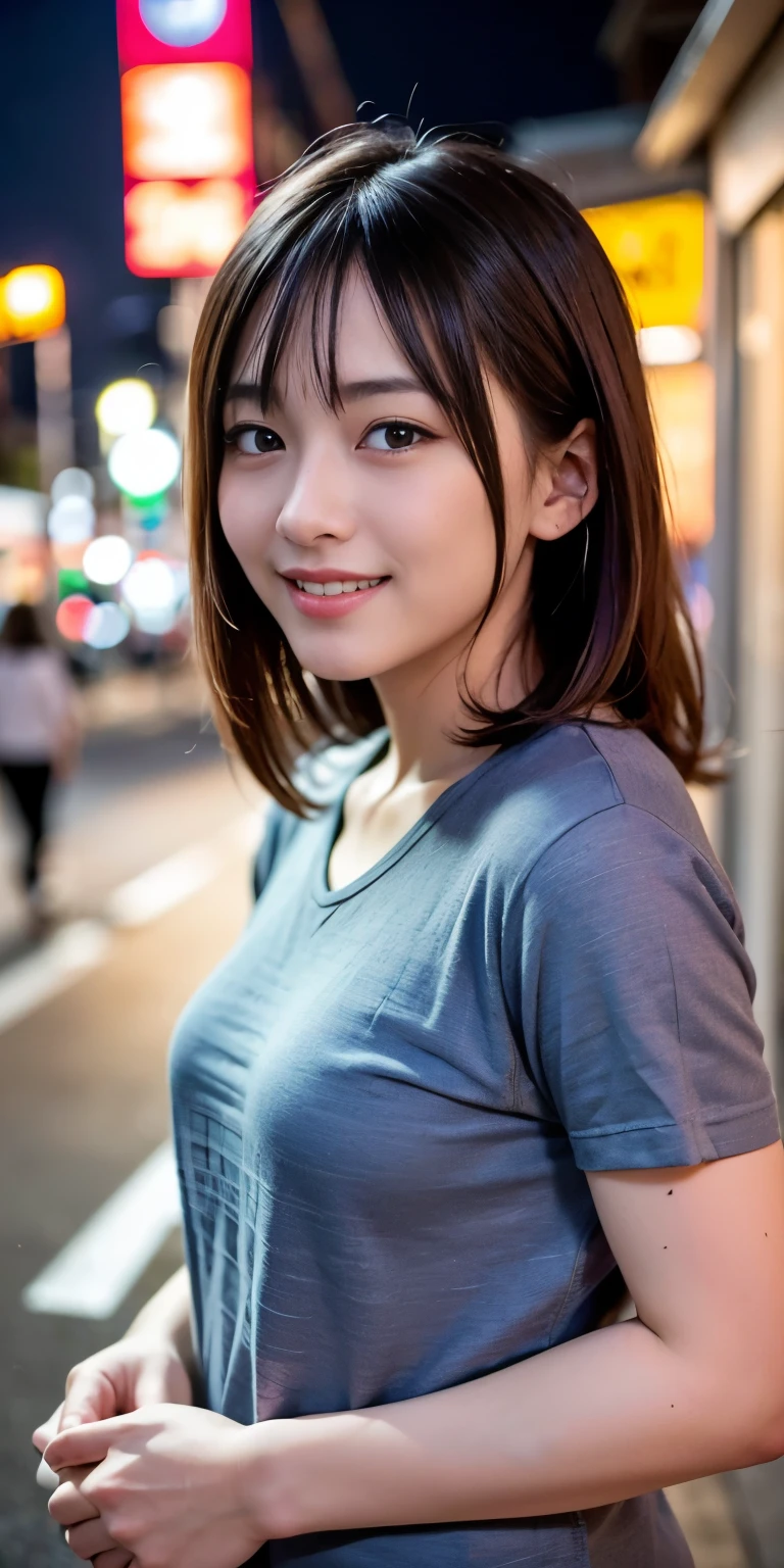 1 Girl, Tokyo Street,night, Streetscape,City lights,Upper Body,close,smile,, (8K, Raw photo, highest quality, masterpiece:1.2),(Realistic, photo-Realistic:1.37),