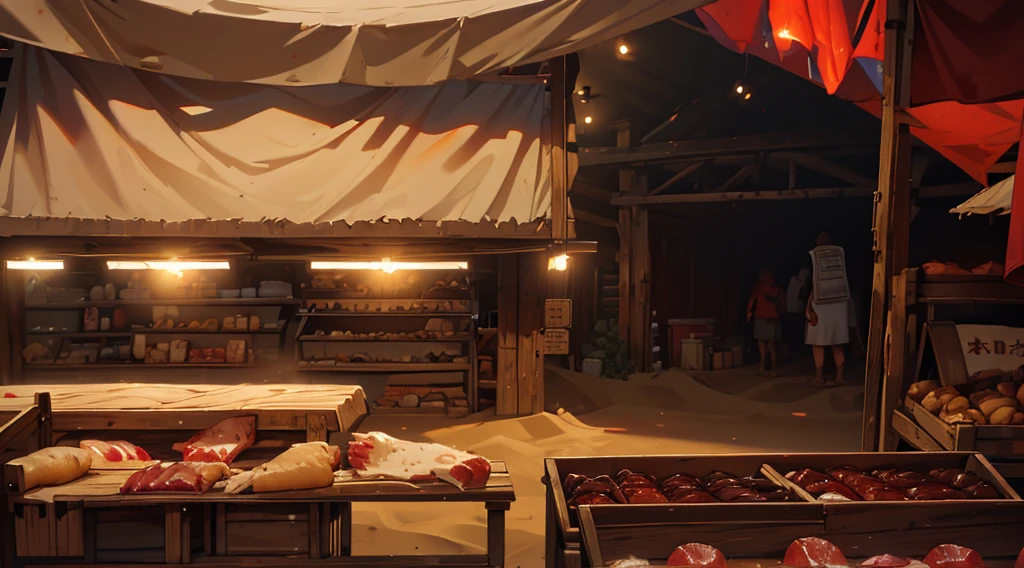 traditional market, market stall, (market tens), butchery, (they sell human flesh, chopped hand and feet, human meats), sellwooden box, wooden table, (sand ground, sand hill behind the stall), dawn time, dark morning, 