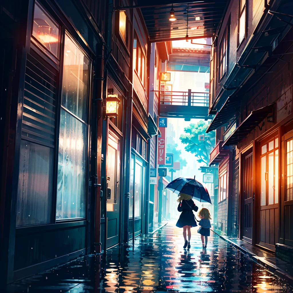 High-definition background, bright and beautiful atmosphere, 3 girls (, (1 short-tempered round face), (1 child)) (hair, surface effect), color effect), small breasts, blonde hair, fishing boat, rainy season 's weather, a girl clinging to the window, a girl putting her hand on the window, girls walking outside with umbrellas, deltamon_sdXL:0.73) >Deltamon Negative Prompt
