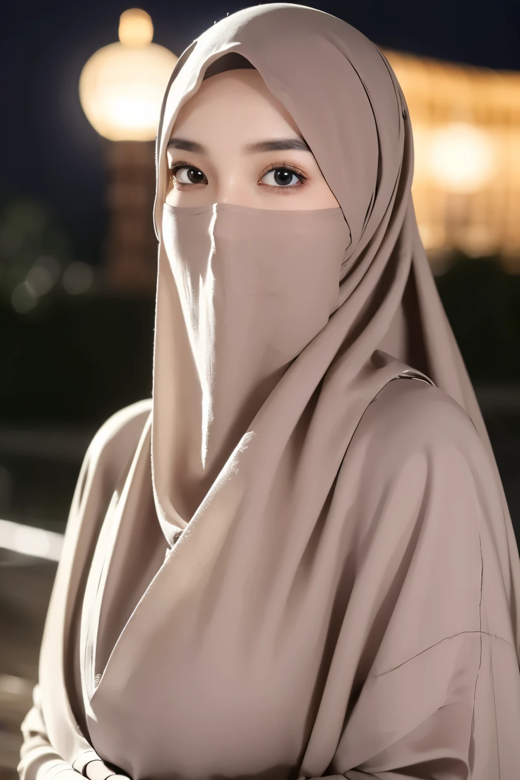 8k, best quality, Medium close-up, （Best quality，8K，tmasterpiece：1.3）beautiful jadian girl, veil hijab ((turkish girl hijab)), ((long hijab, close hijab)), fit body, perfect eyes, pale skin, fair skin, perfect skin, ((outdoor)), at night, ultra-delicate face, delicate eyes, double eyelids, half smile, Realistic, beautiful and delicate photo,heterosexual, braless, standing, ((night time, night sky, low light, darkness, dark night)), cold expression, cold pose, front view, ((Wide-leg linen pants)), at javanese village,muslim clothes Exterior light at night:1.4)、(Falling rain:1.3)、(Hair swaying in the wind:1.2)、(Light reflecting rain:1.0)
