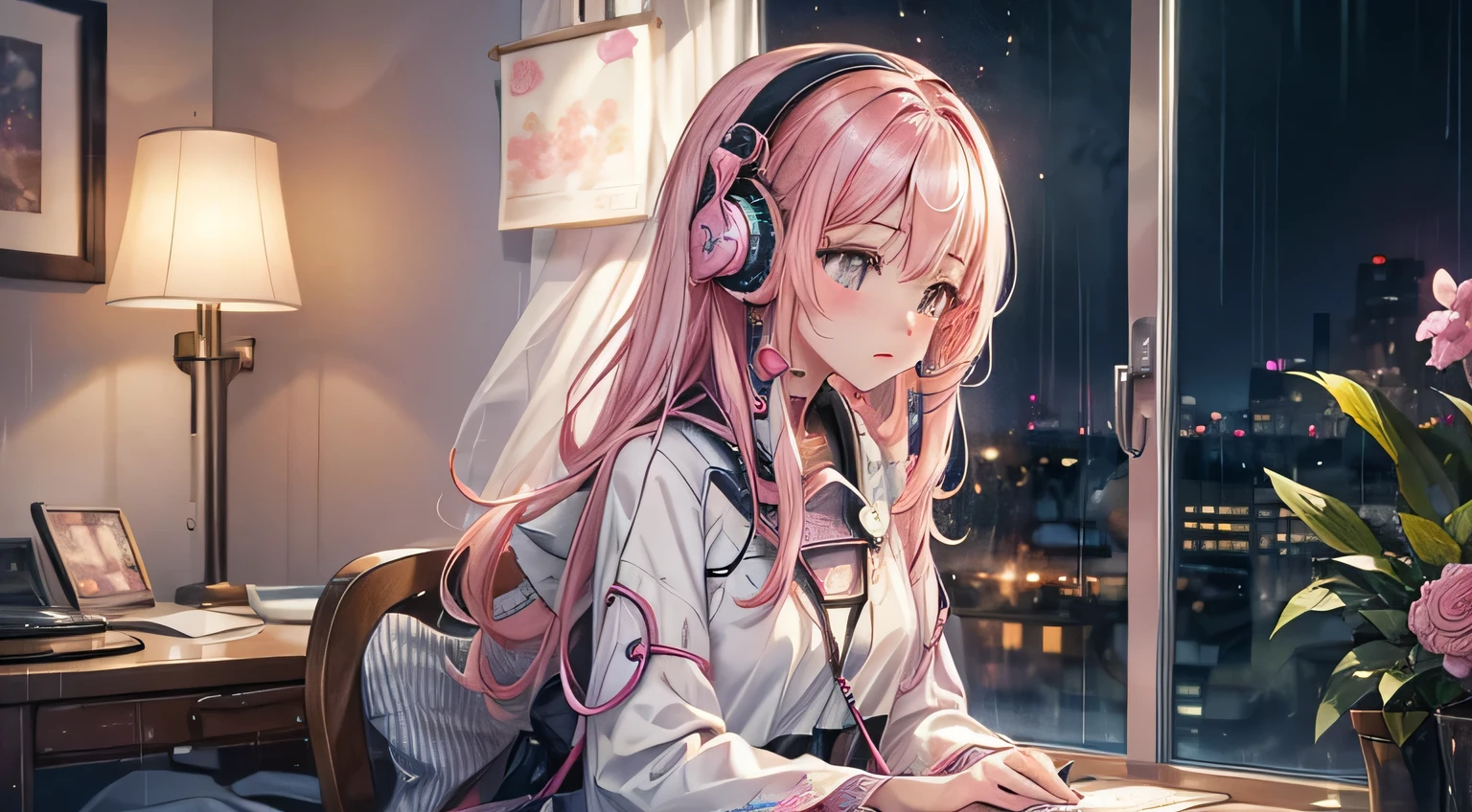 Rain sound and night view image: Rainy night、A scene of relaxing while looking out the window。
scenario: With the sound of rain and the visuals of the night view as the background、Soft lo-fi music plays。Perfect as background music to help you concentrate on studying or working。

[instrumental](masterpiece, Highest quality, Highest quality, Official Art, beautifully、aesthetic:1.2), (One girl), Very detailed,(Fractal Art:1.3),colorful,Most detailed pink hair、I have headphones on。
