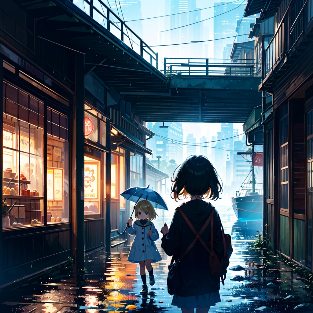 High-definition background, bright and beautiful atmosphere, 3 girls (2 years old, (1 short-tempered round face), (1 child)) (hair, surface effect), color effect), small breasts, blonde hair, fishing boat, rainy season 's weather, a girl clinging to the window, a girl putting her hand on the window, girls walking outside with umbrellas, deltamon_sdXL:0.73) >Deltamon Negative Prompt