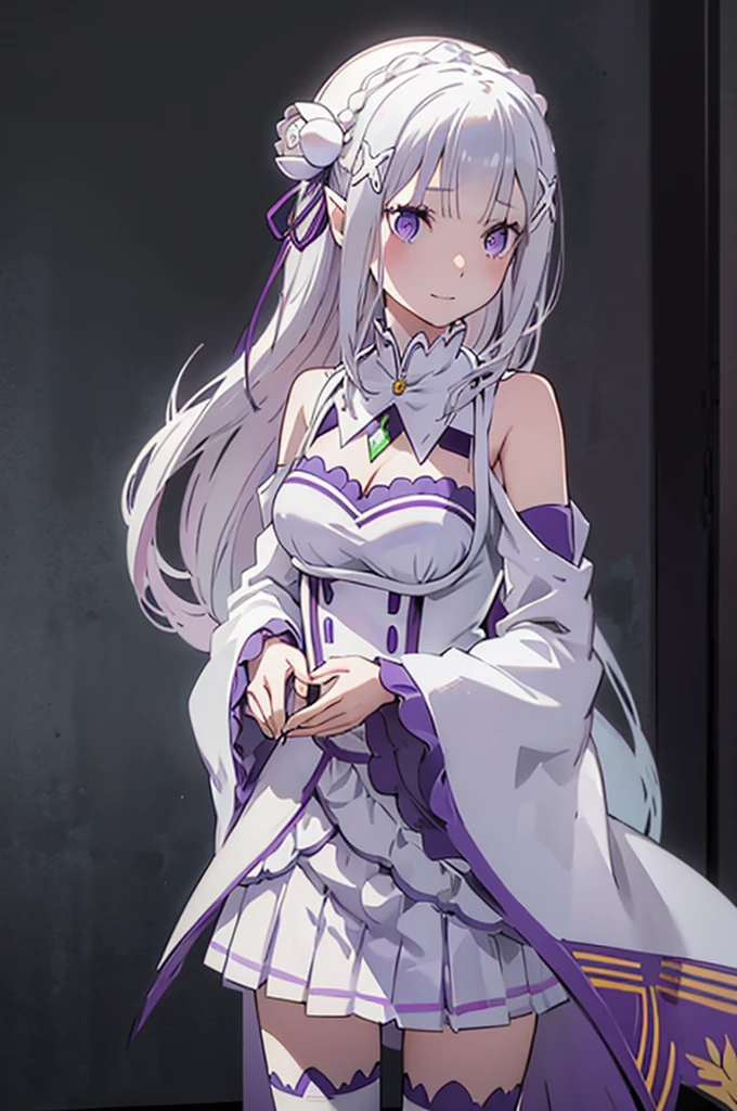 emilia, 
Rezero emilia, 
1girl, perfect anatomy, correct anatomy, detailed beatiful fingers, 
best illustration, masterpiece, best quality, (anime screencap:0.8), (official art:0.7), detailed beautiful face and eyes,  BREAK long hair, low-tied long hair, braid, crown braid, animate, anime keyvisual, white hair, 
(purple eyes:1.2), (beautiful detailed eyes:1.6),
looking at viewer, 
pointy ears,
BREAK smile, 
dress, pink dress, BREAK bare shoulders, detached collar, long sleeves, shoulder cutout, wide sleeves, white sleeves, 
medium breasts, 
zettai ryouiki, 
flower, hair flower, hair ornament, hair ribbon,   white flower, x hair ornament,
cowboy shot ,
perfect lighting,
background of indoor, 