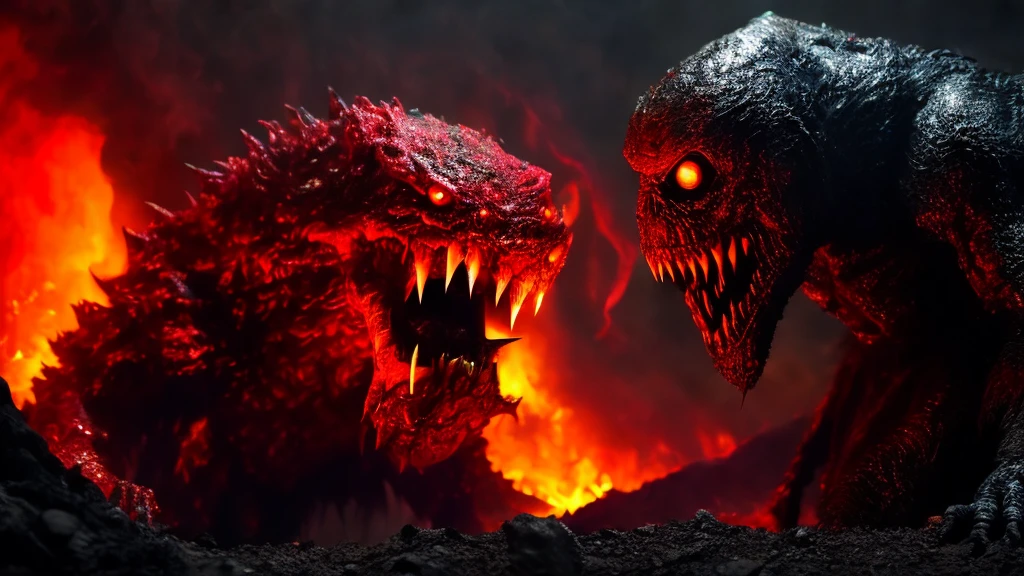 Giant Monsters, lava, evil夢の獣, Super detailed, null, Dark atmosphere, Spooky Monsters, A menacing presence, Sinister Monster,Terrifying monsters, Terrifying monsters, evil夢のモンスター, Vibrant colors, Scorching Hell, 邪evil, evil, Super-giant creature, 気味のevilいモンスター, Monster with mouth wide open, Vivid mouth, Beast&#39;s Teeth, Anime Style, Dragon