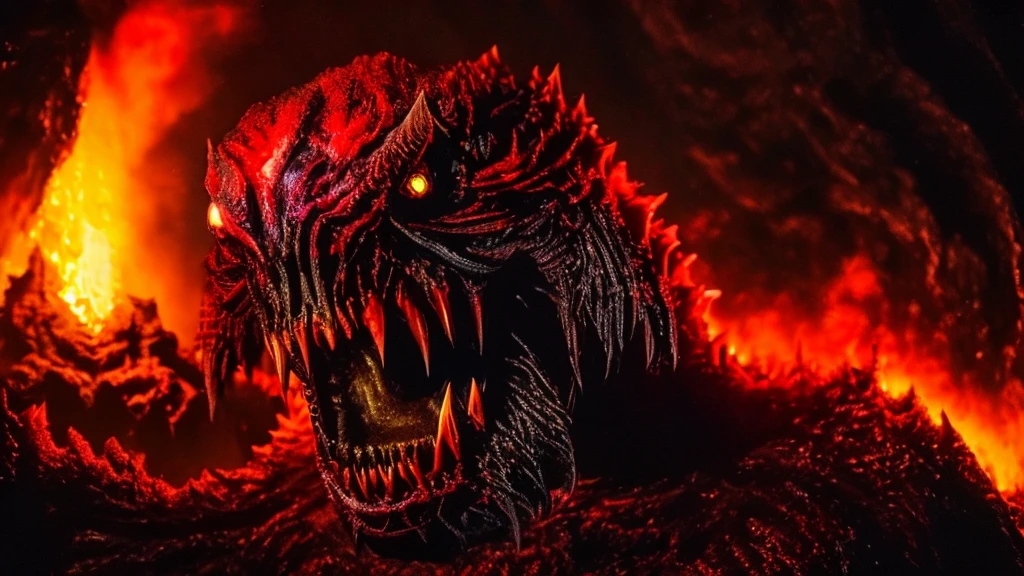 Giant Monsters, lava, evil夢の獣, Super detailed, null, Dark atmosphere, Spooky Monsters, A menacing presence, Sinister Monster,Terrifying monsters, Terrifying monsters, evil夢のモンスター, Vibrant colors, Scorching Hell, 邪evil, evil, Super-giant creature, 気味のevilいモンスター, Monster with mouth wide open, Vivid mouth, Beast&#39;s Teeth, Anime Style, Dragon