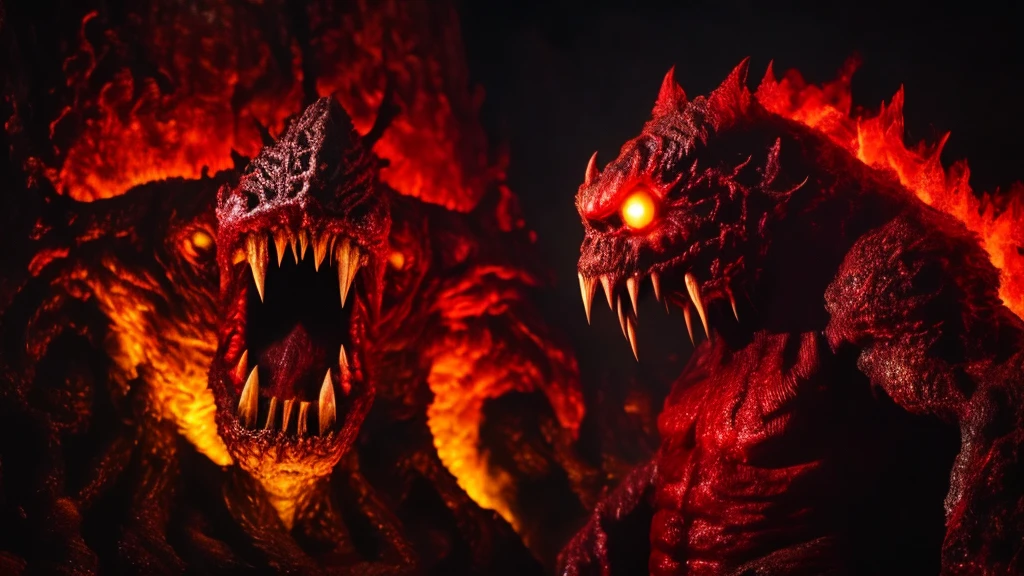 Giant Monsters, lava, evil夢の獣, Super detailed, null, Dark atmosphere, Spooky Monsters, A menacing presence, Sinister Monster,Terrifying monsters, Terrifying monsters, evil夢のモンスター, Vibrant colors, Scorching Hell, 邪evil, evil, Super-giant creature, 気味のevilいモンスター, Monster with mouth wide open, Vivid mouth, Beast&#39;s Teeth, Anime Style, Dragon