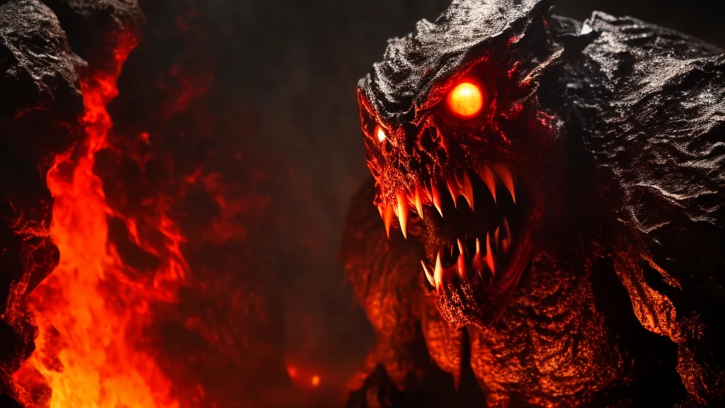 Giant Monsters, lava, evil夢の獣, Super detailed, null, Dark atmosphere, Spooky Monsters, A menacing presence, Sinister Monster,Terrifying monsters, Terrifying monsters, evil夢のモンスター, Vibrant colors, Scorching Hell, 邪evil, evil, Super-giant creature, 気味のevilいモンスター, Monster with mouth wide open, Vivid mouth, Beast's Teeth, Anime Style, Dragon