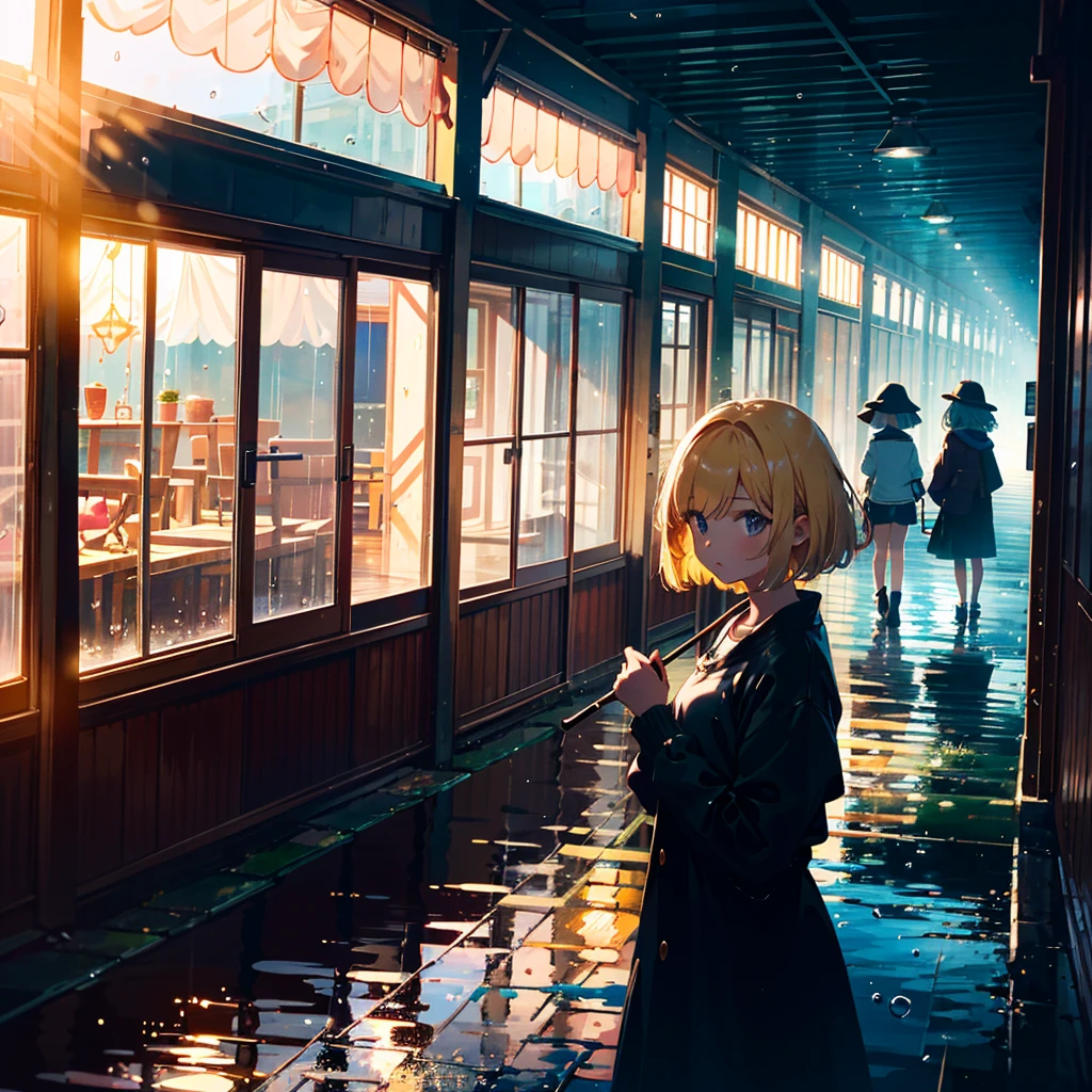 High-definition background, bright and beautiful atmosphere, 3 girls (, (1 short-tempered round face), (1 child)) (hair, surface effect), color effect), small breasts, blonde hair, fishing boat, rainy season 's weather, a girl clinging to the window, a girl putting her hand on the window, girls walking outside with umbrellas, deltamon_sdXL:0.73) >Deltamon Negative Prompt