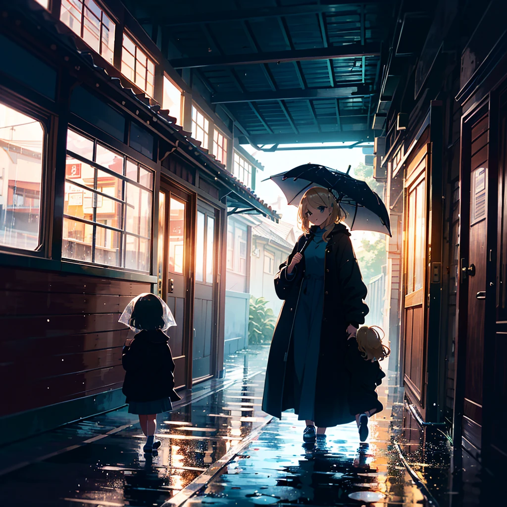 High-definition background, bright and beautiful atmosphere, 3 girls (2 years old, (1 short-tempered round face), (1 child)) (hair, surface effect), color effect), small breasts, blonde hair, fishing boat, rainy season 's weather, a girl clinging to the window, a girl putting her hand on the window, girls walking outside with umbrellas, deltamon_sdXL:0.73) >Deltamon Negative Prompt
