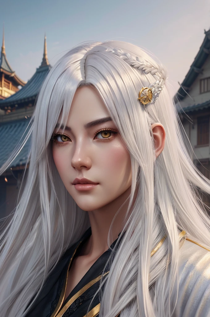 a close up of a male with long silver white hair and golden eyes, beautiful character painting, guweiz, artwork in the style of guweiz, white haired deity, by Yang J, epic exquisite character art, stunning character art, by Fan Qi, by Wuzhun Shifan, guweiz on pixiv artstation