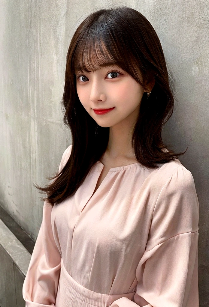 She has long, straight black hair with bangs that are straight and fall naturally.
Her face is oval-shaped with a well-balanced contour.
She has large, round dark-colored eyes that are very expressive.
Her nose is small and well-shaped.
She has a small mouth with naturally full lips, smiling warmly to give a friendly impression.
Her eyebrows are thin and neatly shaped.
She exudes a clean and approachable aura.
She is wearing a pink blouse.
She has a healthy and well-proportioned body.
The overall appearance should reflect a friendly, cute, and aesthetically pleasing look.