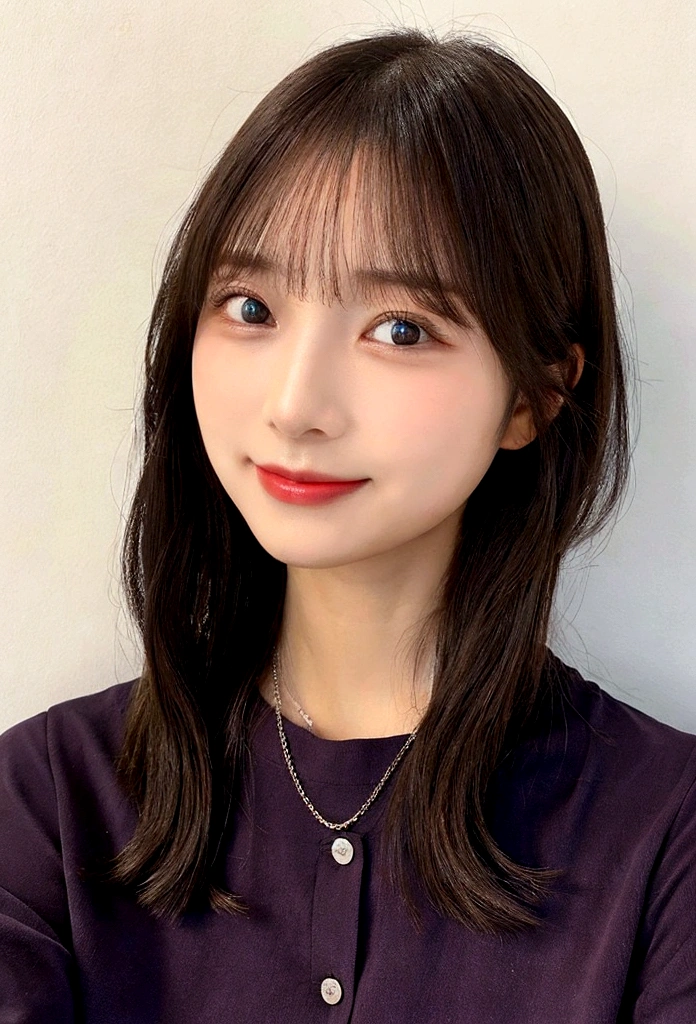 She has long, straight black hair with bangs that are straight and fall naturally.
Her face is oval-shaped with a well-balanced contour.
She has large, round dark-colored eyes that are very expressive.
Her nose is small and well-shaped.
She has a small mouth with naturally full lips, smiling warmly to give a friendly impression.
Her eyebrows are thin and neatly shaped.
She exudes a clean and approachable aura.
She is wearing a pink blouse.
She has a healthy and well-proportioned body.
The overall appearance should reflect a friendly, cute, and aesthetically pleasing look.