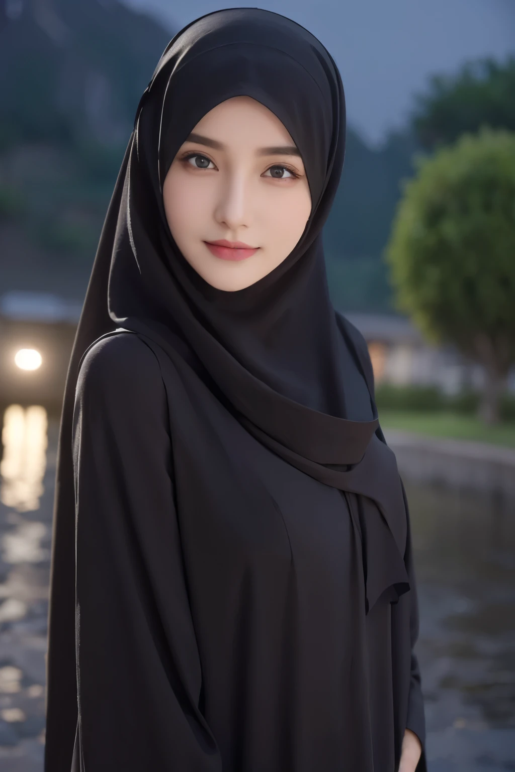 8k, best quality, Medium close-up, （Best quality，8K，tmasterpiece：1.3）beautiful jadian girl, veil hijab ((turkish girl hijab)), ((long hijab, close hijab)), fit body, perfect eyes, pale skin, fair skin, perfect skin, ((outdoor)), at night, ultra-delicate face, delicate eyes, double eyelids, half smile, Realistic, beautiful and delicate photo,heterosexual, braless, standing, ((night time, night sky, low light, darkness, dark night)), cold expression, cold pose, front view, ((Wide-leg linen pants)), at javanese village,muslim clothes Exterior light at night:1.4)、(Falling rain:1.3)、(Hair swaying in the wind:1.2)、(Light reflecting rain:1.0)
