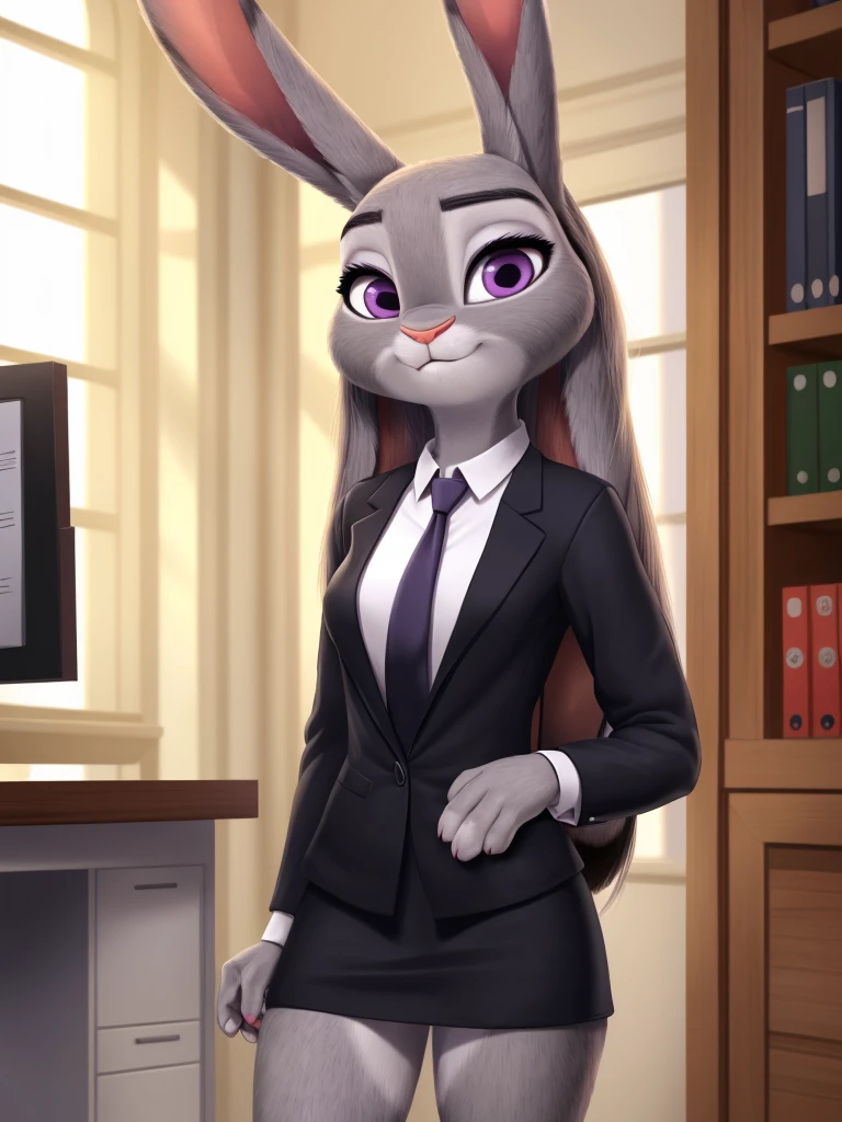 best quality,
masterpiece,
beautiful detailed,
hyper Realistic,
Portrait,
Looking at the audience,
detailed background,
background is an office,

(Face is JudyHopps:1.15),
NamiFinal,
((long straight hair)),
wispy bangs, bangs,
purple eyes,
(arched eyebrows:1.1),
(uplift eyebrows:1.1),
(rabbit ears:1.1),

office lady is wearing suit,
((White blouse)),
((Black blazer jacket)),
((Black skirt)),
clothes made of cotton,

(skin is felt:1.4),
(((body is gray with fluffy and fluffy))),
human hands,

(solo:1.5),
(1 lady:1.5),
one character only
alone,
Perfect Anatomy