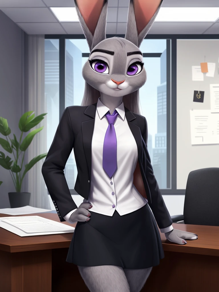 best quality,
masterpiece,
beautiful detailed,
hyper Realistic,
Portrait,
Looking at the audience,
detailed background,
background is an office,

(Face is JudyHopps:1.15),
NamiFinal,
((long straight hair)),
wispy bangs, bangs,
purple eyes,
(arched eyebrows:1.1),
(uplift eyebrows:1.1),
(rabbit ears:1.1),

office lady is wearing suit,
((White blouse)),
((Black blazer jacket)),
((Black skirt)),
clothes made of cotton,

(skin is felt:1.4),
(((body is gray with fluffy and fluffy))),
human hands,

(solo:1.5),
(1 lady:1.5),
one character only
alone,
Perfect Anatomy
