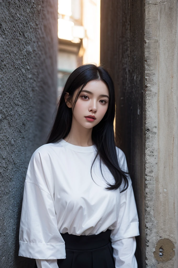 Long black hair wearing a white shirt,a woman standing in front of a wall, Ilya Kubshinov landscape, Guweiz style art work, breathtaking Ilya Kubshinov, Ilya Kubshinov. 4 thousand, Ilya Kubshinov style, digital art Ilya Kubshinov, Ilya Kubshinov(Ilya Kuvshinov)