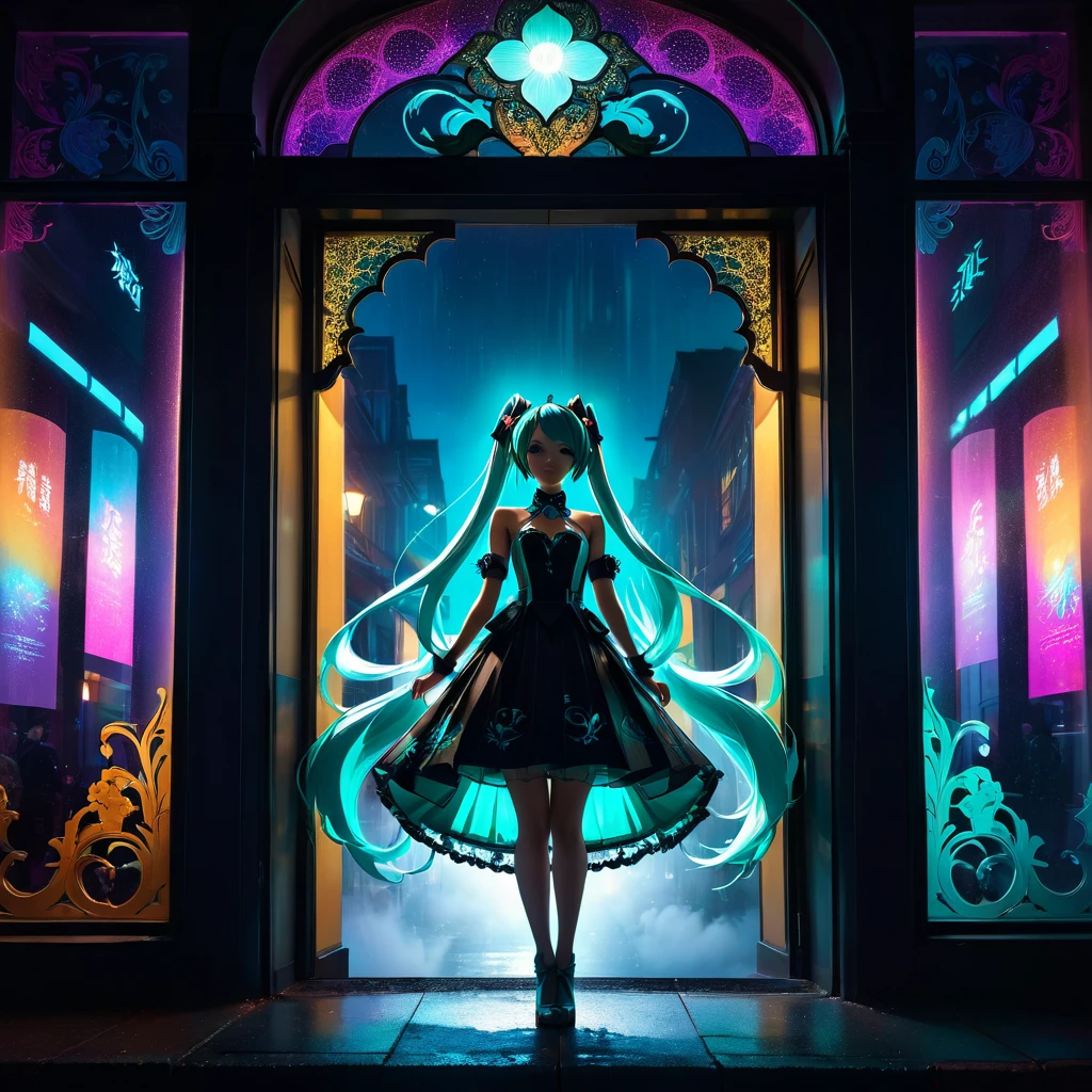 a woman in a decorative window,Hatsune Miku,dutch angle,night,street lights,silhouette of a male customer,full body image,2.5D,detailed face,intricate details,cinematic lighting,dramatic atmosphere,colorful neon lights,vibrant colors,volumetric fog,moody shadows,striking pose,elegant dress,beautiful woman,stunning portrait