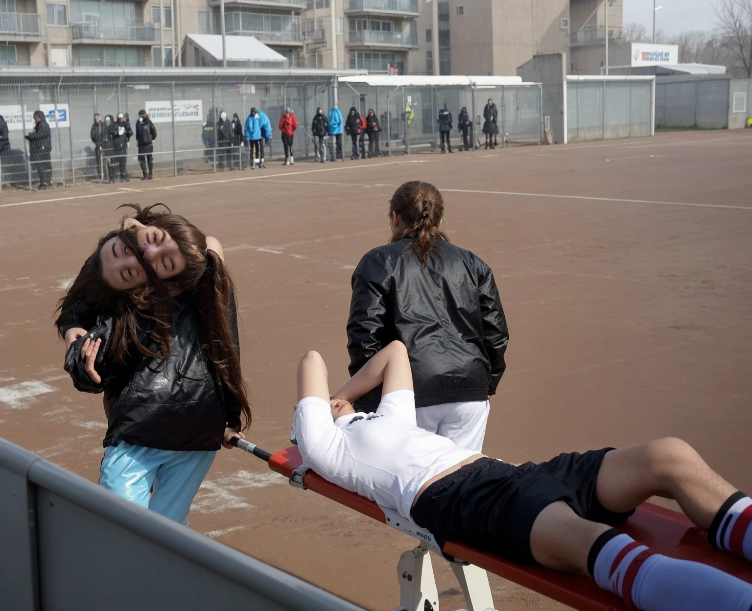 There is a man lying on a stretcher with his hands crossed over his face, a man in a t-shirt and sports shorts has crossed his hands over his face, the man has an agonised face under his hands, two longhaired and ponytailed women that are wearing very shiny coats, there are longhaired women wearing laquered puffy coats, longhaired women are walking in wetlook puffy coats, several women walking around a football field with an injured athlete on a stretcher, the injured athlete on the stretcher covers his face with both hands, the women look very worried, behind the women there is a frightening atmosphere, there is heavy rainfall in the background, video still