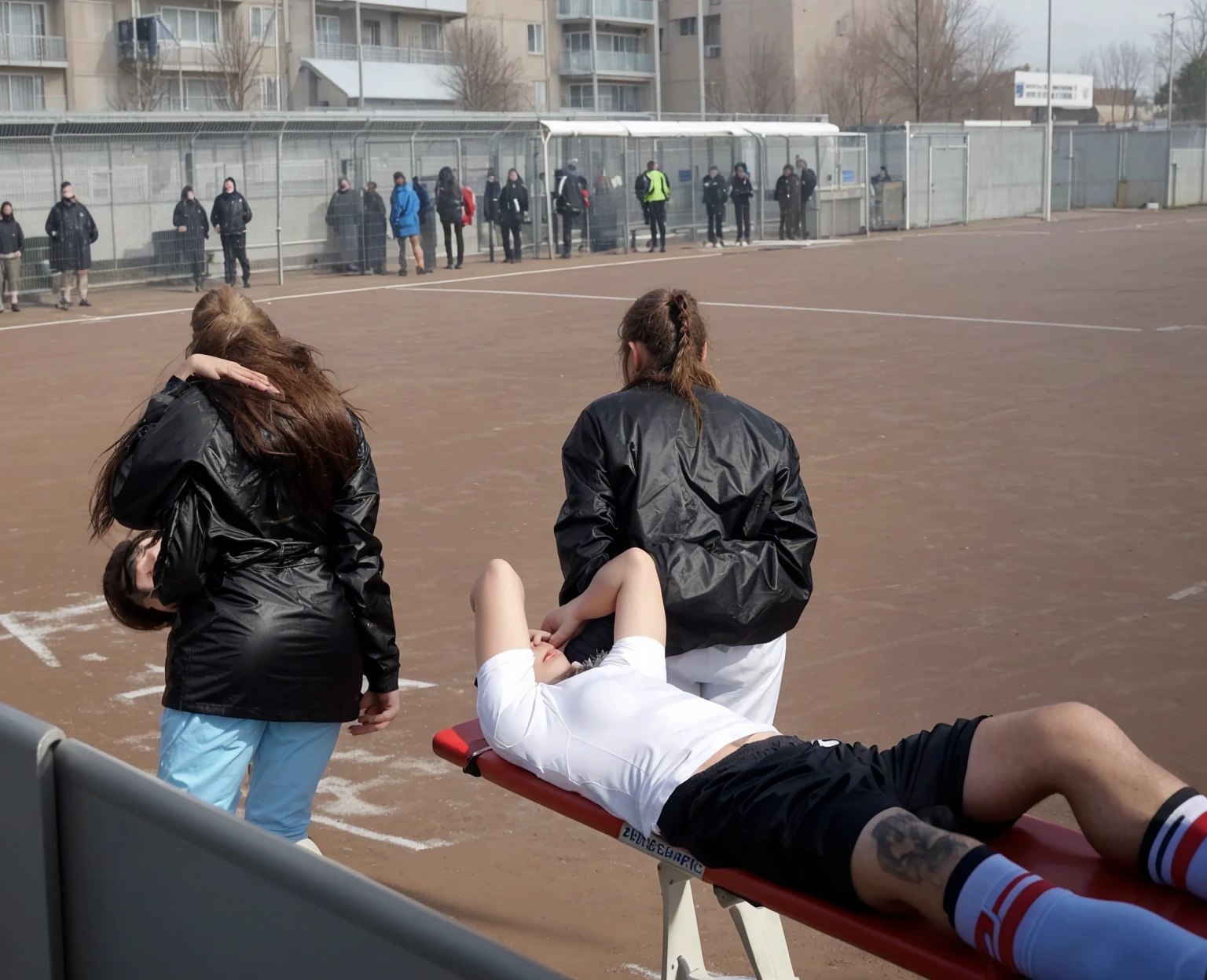 There is a man lying on a stretcher with his hands crossed over his face, a man in a t-shirt and sports shorts has crossed his hands over his face, the man has an agonised face under his hands, two longhaired and ponytailed women that are wearing very shiny coats, there are longhaired women wearing laquered puffy coats, longhaired women are walking in wetlook puffy coats, several women walking around a football field with an injured athlete on a stretcher, the injured athlete on the stretcher covers his face with both hands, the women look very worried, behind the women there is a frightening atmosphere, there is heavy rainfall in the background, video still