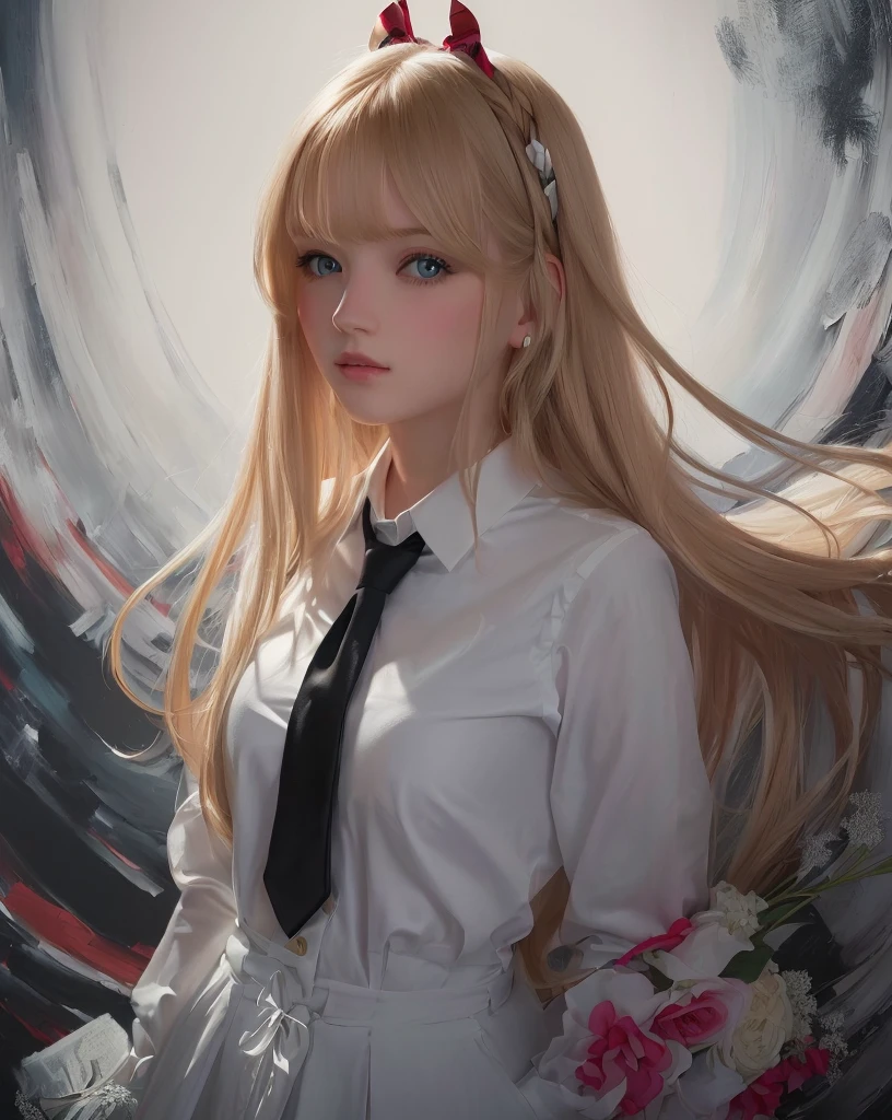 cute girl with long blonde hair and a tie standing in front of a painting, detailed digital art, portrait girl, digital illustration, portrait of an girl