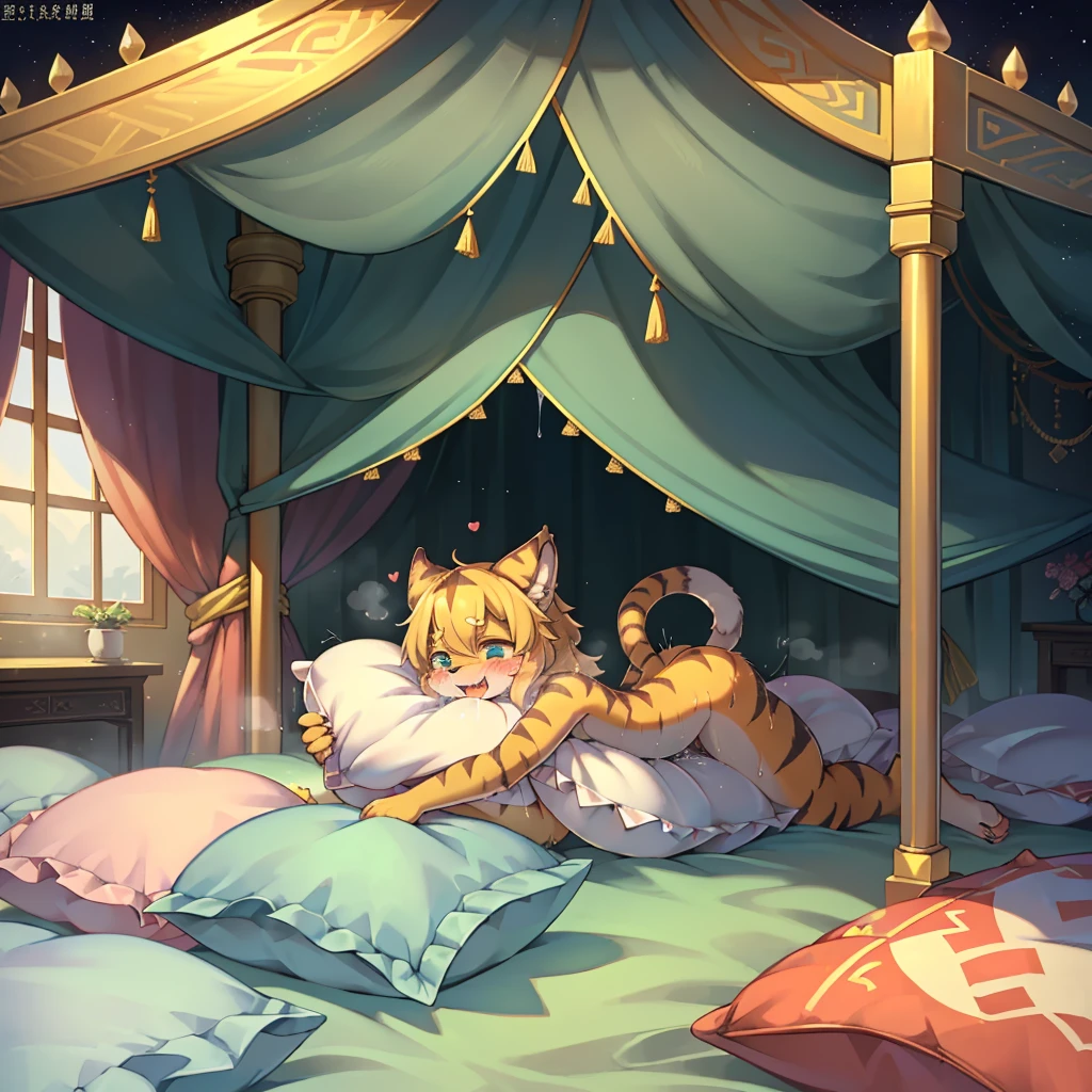 (masterpiece,best quality),my own, The Beast, , (适合任何Pillow背景的光影)), 穿着pajamas可爱女孩在Pillow上摆姿势 ,pajamas,Nature,, (blush),a smile,Pillow头,(很多Pillow),Soft cushion,(canopy bed),Soft pillow quotation,(Pillow损坏),很多Pillow,(Crotch rubbing),((Pillow驼峰)),(Pillow),(A tail),,(粉色Pillow),(Love around the protagonist),Steam,(Pillow头),(),(豪华Pillow),(Pillow),(palace),(Palace bedroom),(Pillow),柔软的Pillow,,(Classical European style bedroom ),(excited,shy person,Lack of expressiveness,),,pillow humping,my,tiger tail,tiger ears,Tiger pattern,,Sweat,,Sweaty,Body swing,身体Shaking lines,Shaking lines,best quality, masterpiece, ((Maximum resolution)), artwork, ,,,(Interior of the palace),(In the bedroom at night),(Deluxe Rococo Canopy King Bed),On a big and spacious bed,(the 女孩 is lying on the bed),Before bedtime,,,Luxurious curtains with ornate ruffles and ribbons surround the bed,((((There are many pillows piled on the bed)))),Detail of Quilt,Detailed bed sheets,Ruffled Bed Skirt,Deep Bed,Background with depth,pajamas , ((((大量的Pillow)))),peeing,squatting,water,Urine,Shaking lines,wetting pillows,Flowing liquid,Violent body shaking,剧烈Shaking lines,详细的软Pillow,,(女孩正躺在许多柔软的Pillow上,周围有许多Pillow),(Pillow上有液体),Sweat,saliva,Splashing urine,Pillow上和床上有水迹,