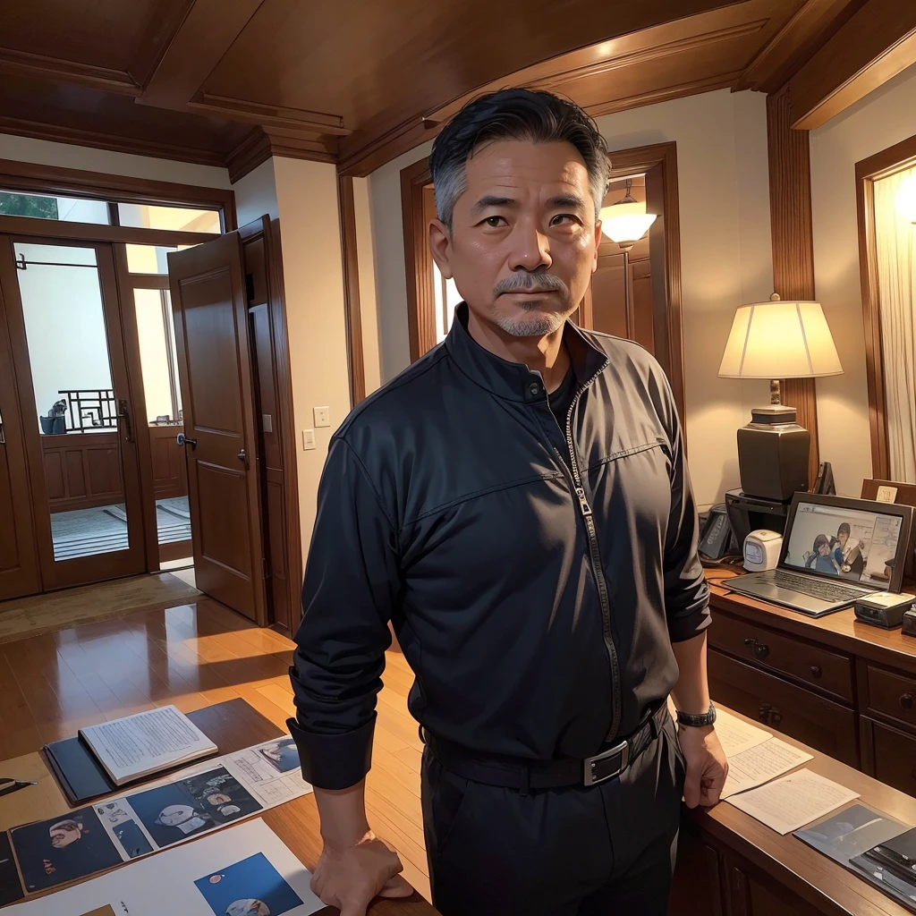 A middle-aged man，major，credibly，of Taiwanese，Used to make profile pictures，Show back, Don't be positive, Under the mansion, Cartoon style photos