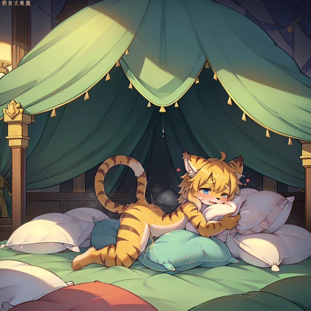 （masterpiece，best quality），my own, The Beast, , (适合任何Pillow背景的光影））, 穿着pajamas可爱女孩在Pillow上摆姿势 ，pajamas，Nature,, (blush),a smile，Pillow头,（很多Pillow），Soft cushion，，Soft pillow quotation，（Pillow损坏），很多Pillow，（Crotch rubbing），（（Pillow驼峰）），（Pillow），（A tail），，（充满细节的Pillow），（Love around the protagonist），Steam，（Pillow头），（），（豪华Pillow），（Pillow），（palace），（Palace bedroom），（Pillow），柔软的Pillow，，（Classical European style bedroom ），（excited，shy person，Lack of expressiveness，），，pillow humping,my,tiger tail,tiger ears,Tiger pattern，，Sweat，，Sweaty，(Body swing，身体Shaking lines，Shaking lines)，best quality, masterpiece, ((Maximum resolution)), artwork, ，,,(Interior of the palace),(In the bedroom at night),(Deluxe Rococo Canopy King Bed),On a big and spacious bed,(the 女孩 is lying on the bed),Before bedtime,,,Luxurious curtains with ornate ruffles and ribbons surround the bed,((((There are many pillows piled on the bed)))),Detail of Quilt,Detailed bed sheets,Ruffled Bed Skirt,Deep Bed,Background with depth,((详细的Pillow)), ((((大量的Pillow))))，peeing，squatting，water,Urine,Shaking lines，wetting pillows,Flowing liquid，Violent body shaking，剧烈Shaking lines，详细的软Pillow,,((女孩正躺在许多柔软的Pillow上,周围有许多Pillow))，Splashed liquid，Pillow和床上有水迹，Lots of urine,Lots of liquids，Urine everywhere,大量Sweaty