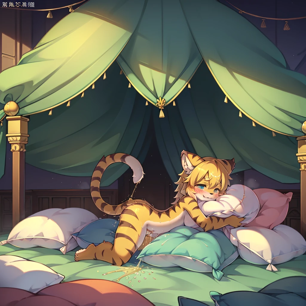 (masterpiece,best quality),my own, The Beast, , (适合任何Pillow背景的光影)), 穿着pajamas可爱女孩在Pillow上摆姿势 ,pajamas,Nature,, (blush),a smile,Pillow头,(很多Pillow),Soft cushion,,Soft pillow quotation,(Pillow损坏),很多Pillow,(Crotch rubbing),((Pillow驼峰)),(Pillow),(A tail),,(充满细节的Pillow),(Love around the protagonist),Steam,(Pillow头),(),(豪华Pillow),(Pillow),(palace),(Palace bedroom),(Pillow),柔软的Pillow,,(Classical European style bedroom ),(excited,shy person,Lack of expressiveness,),,pillow humping,my,tiger tail,tiger ears,Tiger pattern,,Sweat,,Sweaty,(Body swing,身体Shaking lines,Shaking lines),best quality, masterpiece, ((Maximum resolution)), artwork, ,,,(Interior of the palace),(In the bedroom at night),(Deluxe Rococo Canopy King Bed),On a big and spacious bed,(the 女孩 is lying on the bed),Before bedtime,,,Luxurious curtains with ornate ruffles and ribbons surround the bed,((((There are many pillows piled on the bed)))),Detail of Quilt,Detailed bed sheets,Ruffled Bed Skirt,Deep Bed,Background with depth,((详细的Pillow)), ((((大量的Pillow)))),peeing,squatting,water,Urine,Shaking lines,wetting pillows,Flowing liquid,Violent body shaking,剧烈Shaking lines,详细的软Pillow,,((女孩正躺在许多柔软的Pillow上,周围有许多Pillow)),Splashed liquid,Pillow和床上有水迹,Lots of urine,Lots of liquids,Urine everywhere,大量Sweaty