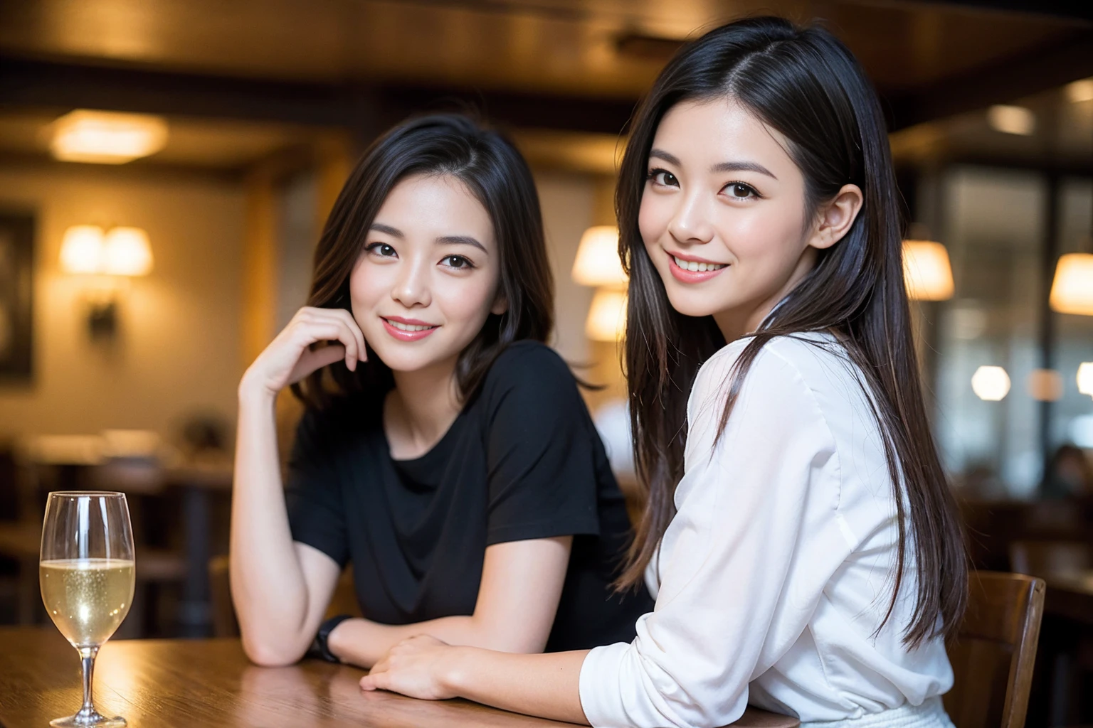 ((Highest quality、8K、masterpiece:1.3))、1 male、1 female、石原さとみ似Couple、spouse、Couple、The body is slim、((Bob Hale、Straight hair:1.2)), (Realistic, Intricate details:1.2), Full course dinner and wine glasses on table、Put the light on your face、 Amazing view of the sunset sky and clouds、A bright smile、The wonderfulness of smile、Bright image、The beauty of wine, Beautiful Face, blue eyes, The light shines on your face, Blushing, short hair,Bright Face、 (Age 37), 39 years old, red wine 、Wine bottle、Champagne、sparkling wine、Two beauties、Brown Hair、Shortcuts、Long sleeve shirt、dress、Beautiful woman 1, (slimな顔), (The body is slim), (Brown Hair), (Shortcuts), cheeks turn a little red,Attractive beauty、restaurant, In a prominent place (From the waist up) Nova Frog Style, actress, model, Upper Body, White wine, slim, (smile: 1.15), Beautiful fine grain, Depth f/2,saturation, High Contrast, Strong light and shadow,Moist Body:1.5、3D texture、Delicate eyes、Brown Hair、The hair is very shiny、