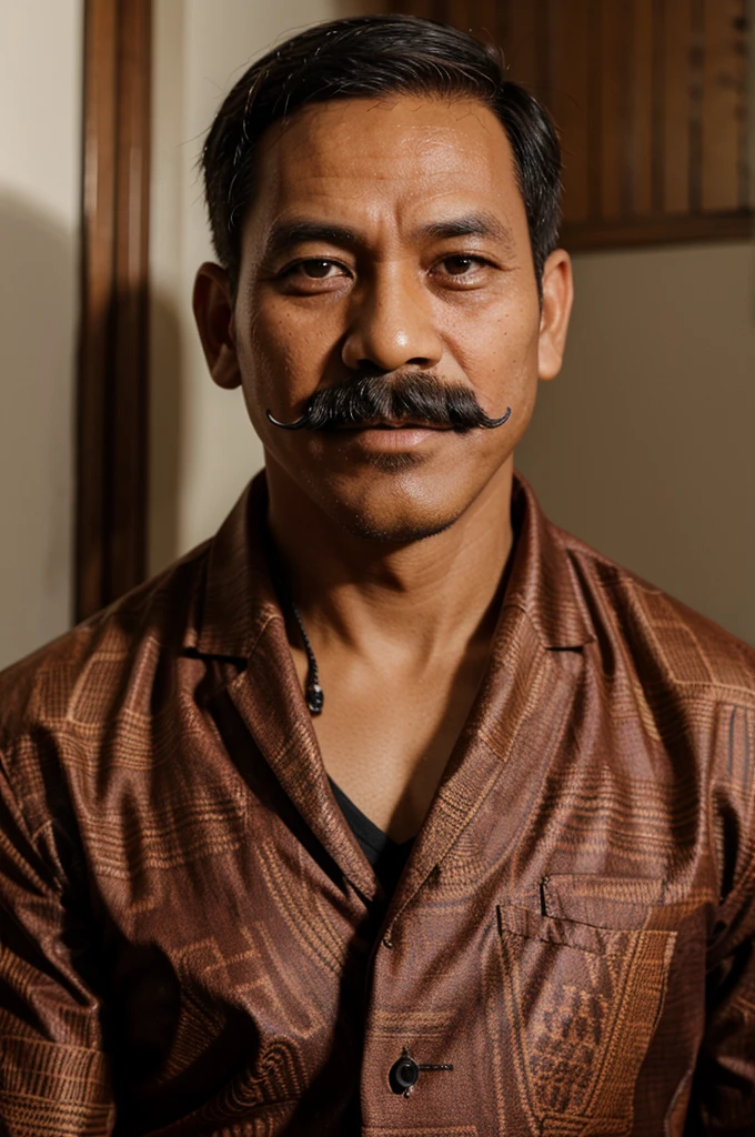 headmaster, mustachioed 40 yrs old. dressed in batik