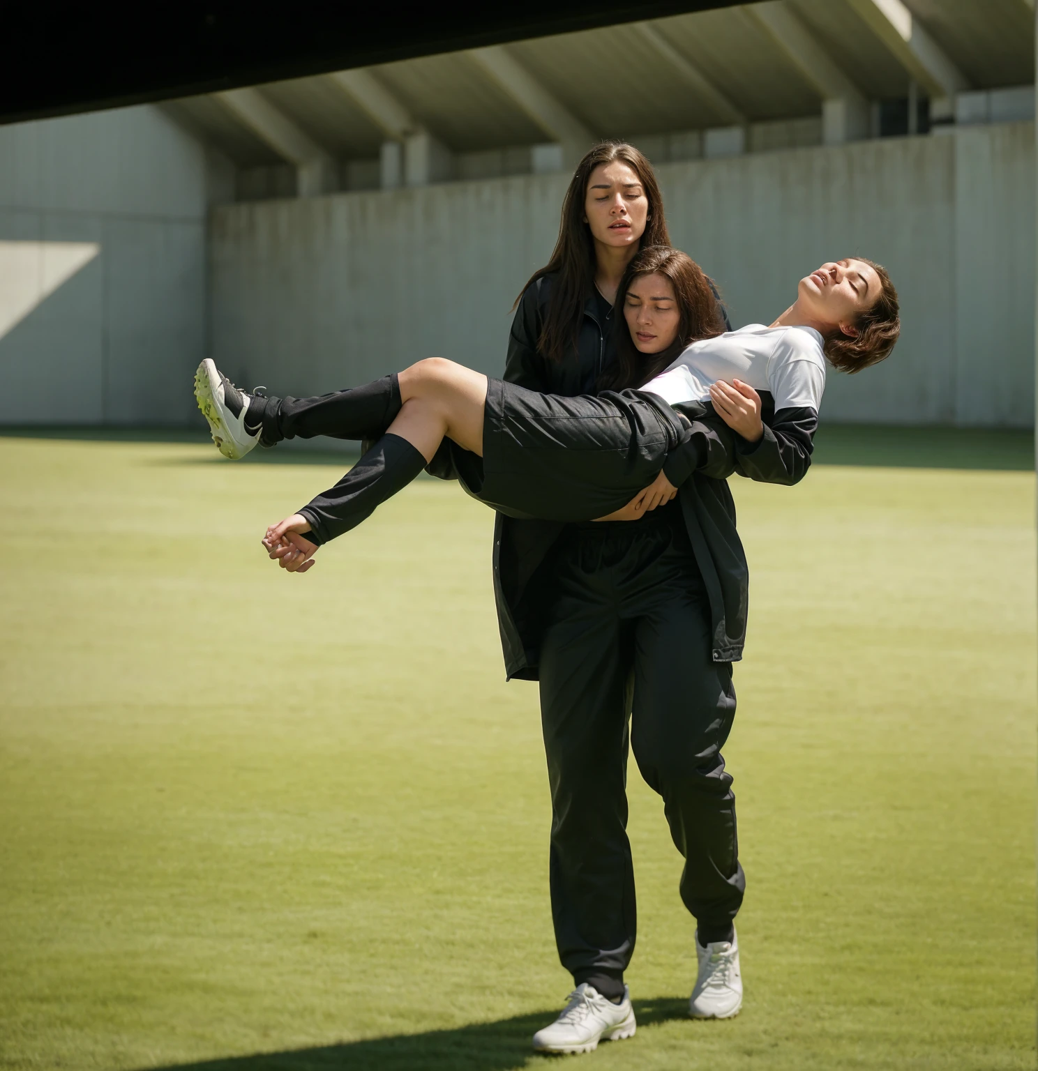 soccer action pose, cradle-carry-pose, Erste help in einem Sportstadion, affection pose, lecherous action pose, dramatic action pose, theatralic pose, There is an attractive long-haired woman, a wounded athlete in her arms, There is a beautiful long-haired woman in a shiny black outfit, who carries a short-haired young footballer in her arms, a long-haired beautiful woman in a high-gloss black down coat, a long-haired woman in a shiny black coat, A woman wears a short-haired man, Wearing a matte cotton sports outfit, a weak man in matte cotton sports shorts is consciousless and needs to be carried, A short-haired man with closed eyes is carried by a long-haired woman, a woman looks very scared and terrified, a consciousless man with closed eyes is suffering very much and has a very painful face, photoshot, photoshotshooting, photographed , accident, help, aid, Erste help, pity