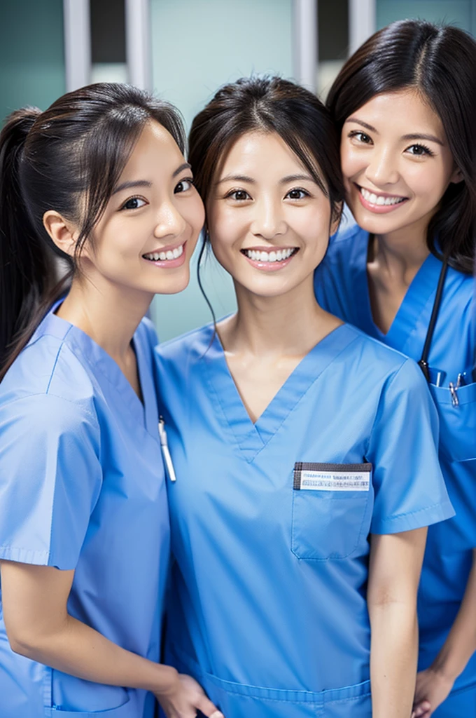 Dental hygienist, only two women Side by side, smiling, wearing light blue medical scrubs Light blue, short sleeves, cute, Japanese, black hair, female, early 30s Upper body close-up high resolution Highest quality Don't press your face too much