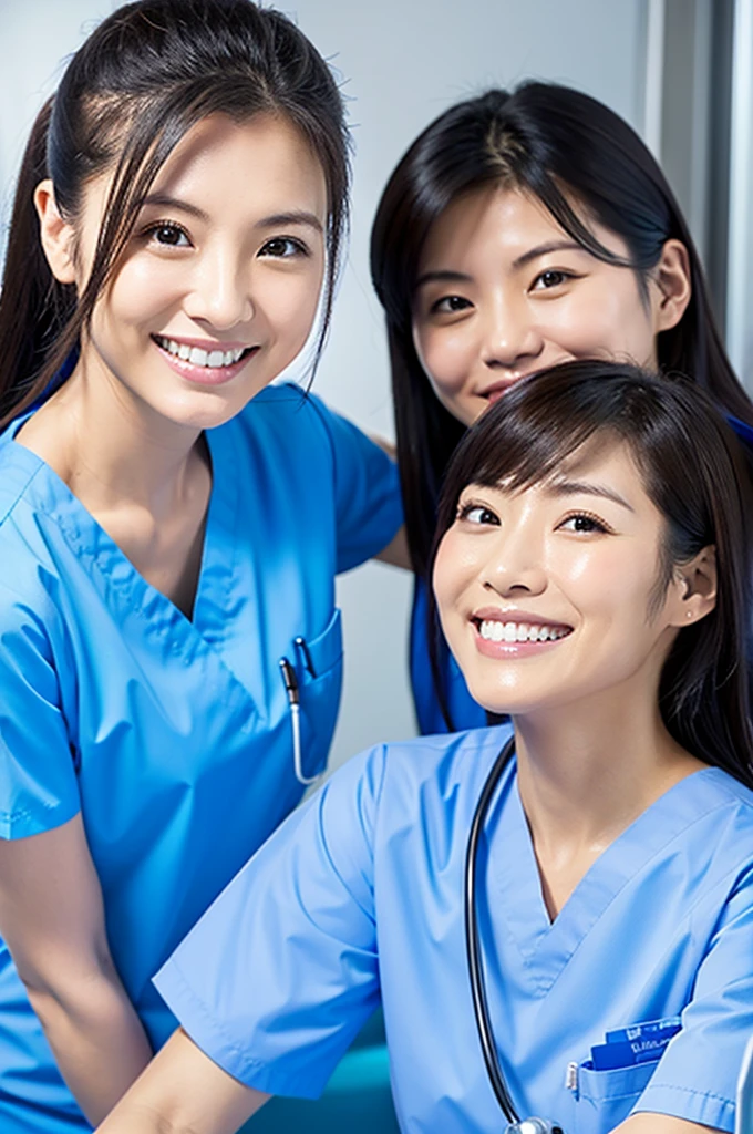 Dental hygienist, only two women Side by side, smiling, wearing light blue medical scrubs Light blue, short sleeves, cute, Japanese, black hair, female, early 30s Upper body close-up high resolution Highest quality Don't press your face too much