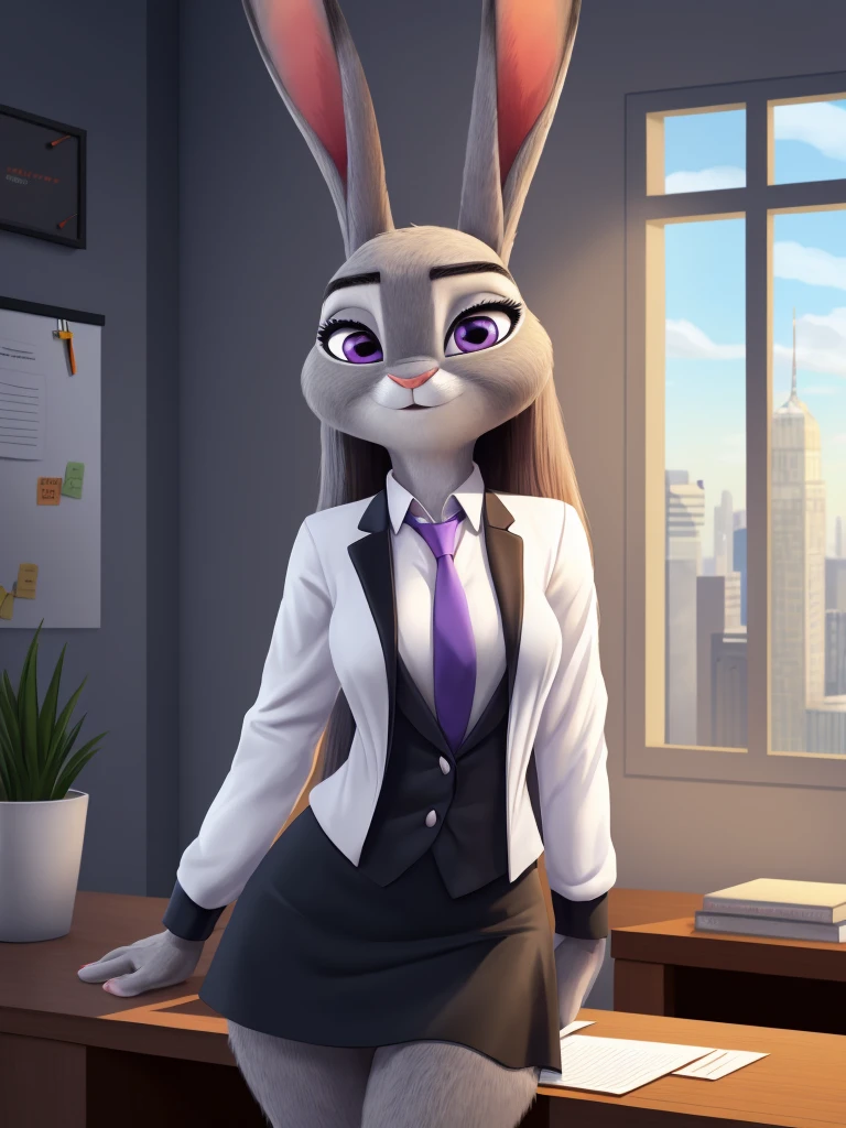 best quality,
masterpiece,
hyper Realistic,
Portrait,
Looking at the audience,
detailed background,
background is an office,
(Face is JudyHopps:1.15),
NamiFinal,
((long straight hair)),
wispy bangs, bangs,
purple eyes,
(arched eyebrows:1.1),
(uplift eyebrows:1.1),
(rabbit ears:1.1),
office lady is wearing suit,
((White blouse)),
((Black blazer jacket)),
((Black skirt)),
clothes made of cotton,
(skin is felt:1.3),
(((body is gray with fluffy and fluffy))),
human hands,
(solo:1.5),
(1 lady:1.5),
one character only
alone,
Perfect Anatomy