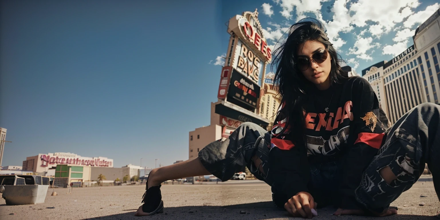 centered, 1girl, 18 yo, black hair, Las Vegas, sitting on the ground, looking at the viewer, hip hop clothing, sunglasses, extreme low-angle photo from below, shot on Afga Vita 400, natural lighting, city photograph, abandoned casino, big neon signs, heat, desert