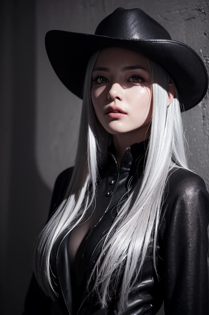 Best quality, masterpiece, ultra high res, (photorealistic:1.4), raw photo, 1girl, silver hair, red eyes, detailed eyes and face, black suit, dynamic lighting, in the dark, deep shadow, low key, cowboy shot full-lenght body