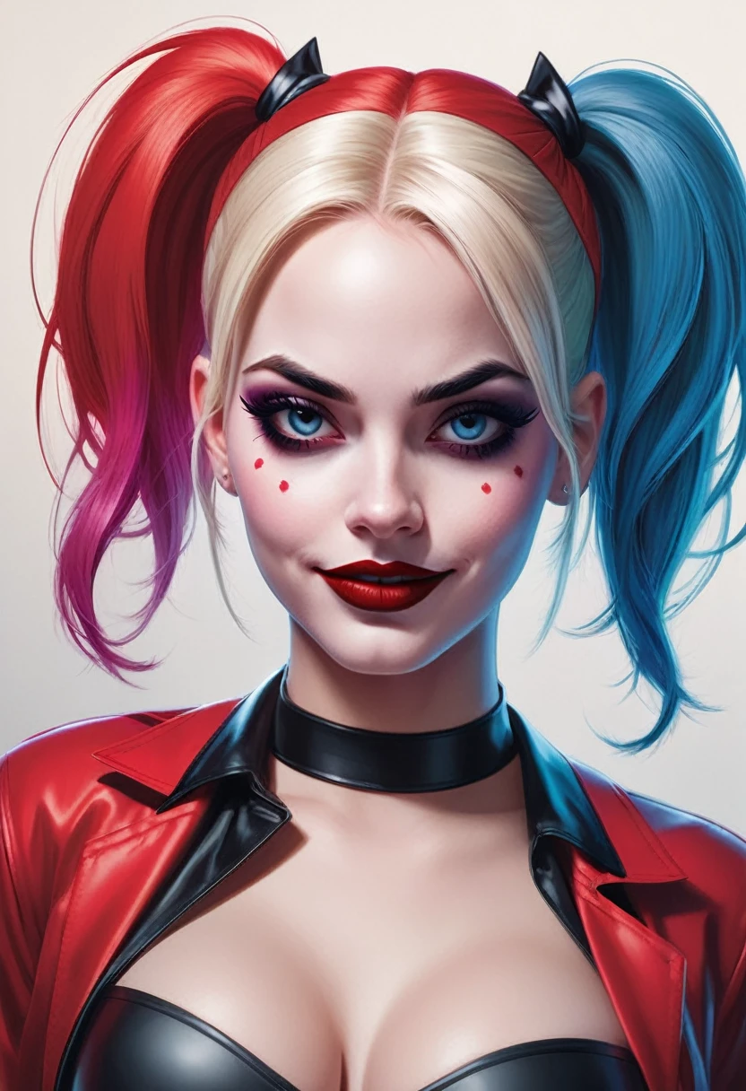 A dynamic and visually striking illustration of Harley Quinn, drawn in the style of Artgerm. This piece pays homage to the classic pin-up art of Earle Bergey, while still maintaining the edgy and playful nature of the beloved comic book character.