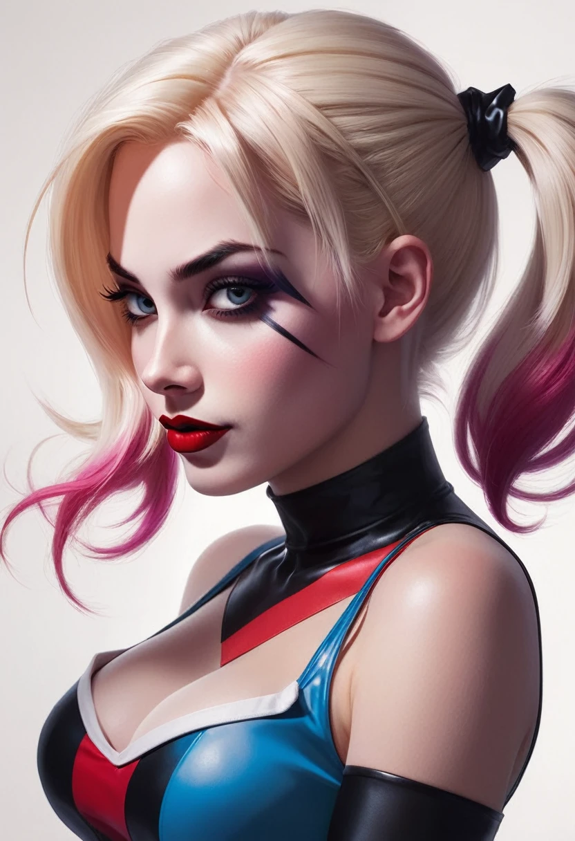 A dynamic and visually striking illustration of Harley Quinn, drawn in the style of Artgerm. This piece pays homage to the classic pin-up art of Earle Bergey, while still maintaining the edgy and playful nature of the beloved comic book character.