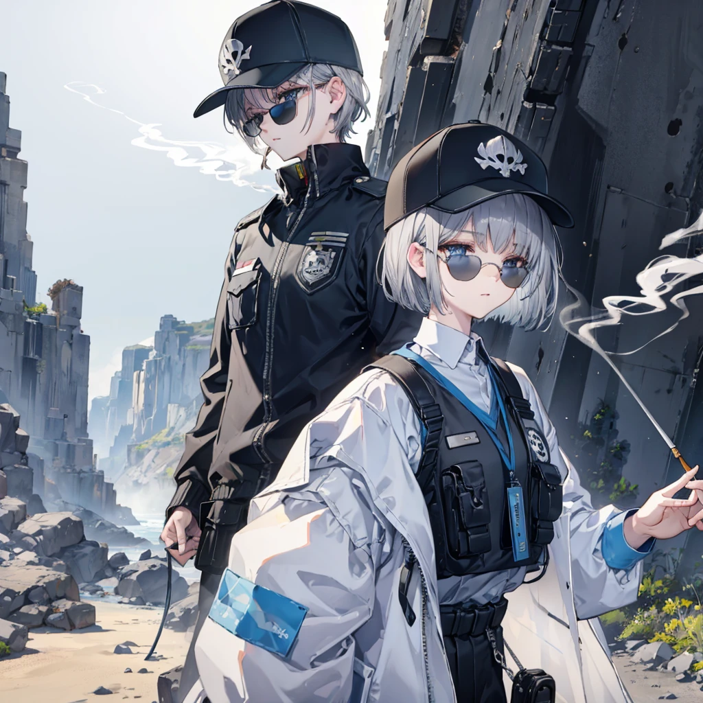 (((Smoke a cigarette Wear sunglasses Security Officer Wear a hat 1 person))) (((Gray Hair Short Hair blue eyes girl))),((noon wilderness In the middle of the desert)),(Shining Sun Rolling Skull), Shining Background Shining Edge