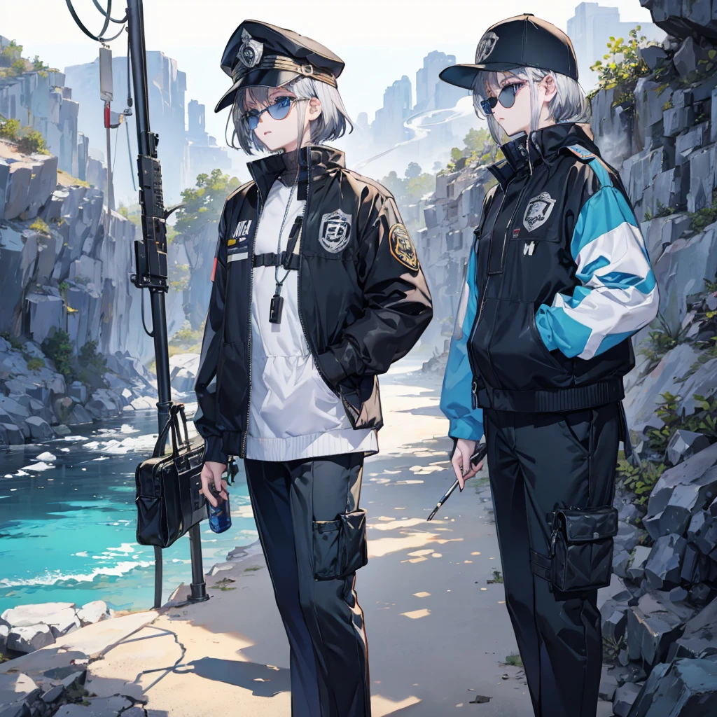 (((Smoke a cigarette Wear sunglasses Security Officer Wear a hat 1 person))) (((Gray Hair Short Hair blue eyes girl))),((noon wilderness In the middle of the desert)),(Shining Sun Rolling Skull), Shining Background Shining Edge