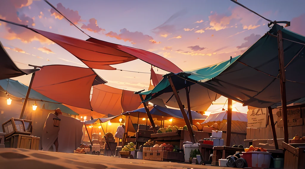 traditional market, (market tents), canopies, butchery, wooden boxes, wooden basket, strings, sand ground, dawn sky, dark morning, low angle,