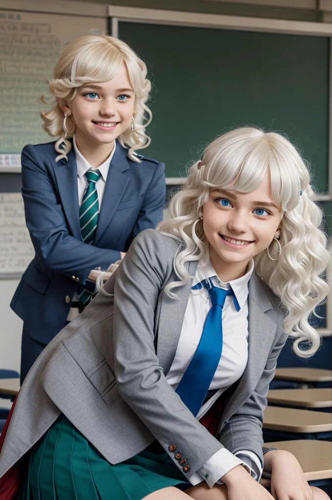 Screenshot of Boku no hero Academia of a age (long curly white hair)+(blue eyes)+(happy face)+(bangs)+(pearl earrings) Wears the ac uniform, a gray blazer, red tie and a green skirt, is sitting leaning her head on her arm, background of a classroom