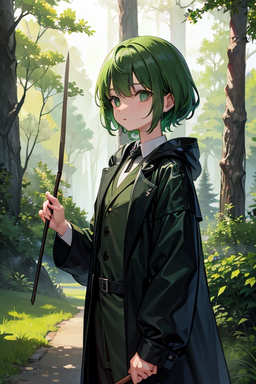 girl、Short green hair、Wooden walking stick、black and green coat、Green Eyes、Breeze、in the forest、One person