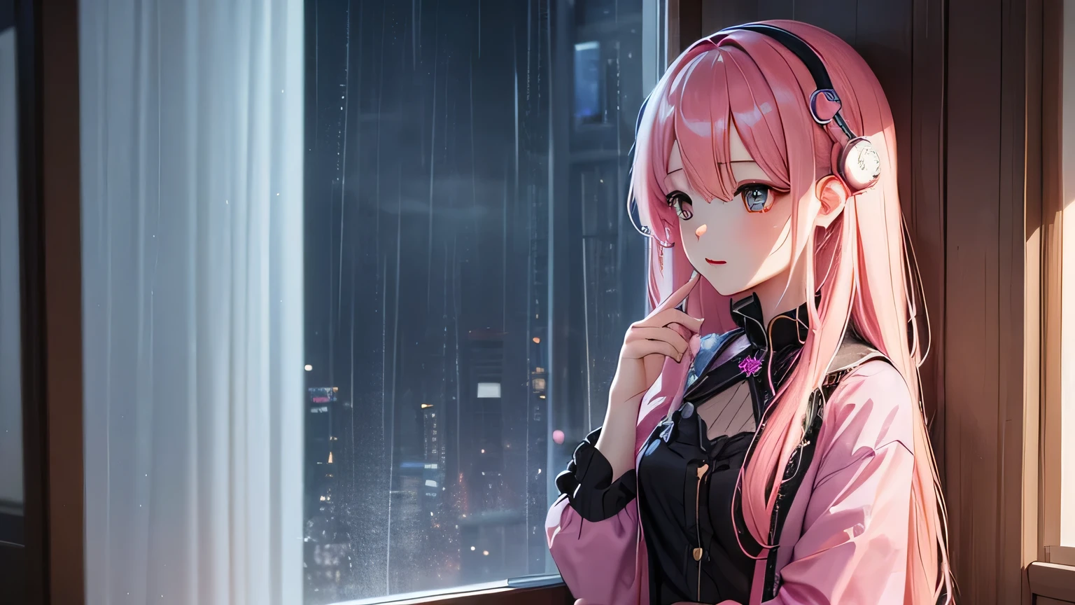 Rain sound and night view image: Rainy night、A scene of relaxing while looking out the window。 scenario: With the sound of rain and the visuals of the night view as the background、Soft lo-fi music plays。Perfect as background music to help you concentrate on studying or working。 [instrumental](masterpiece, Highest quality, Highest quality, Official Art, beautifully、aesthetic:1.2), (One girl), Very detailed,(Fractal Art:1.3),colorful,Most detailed pink hair、I have headphones on。