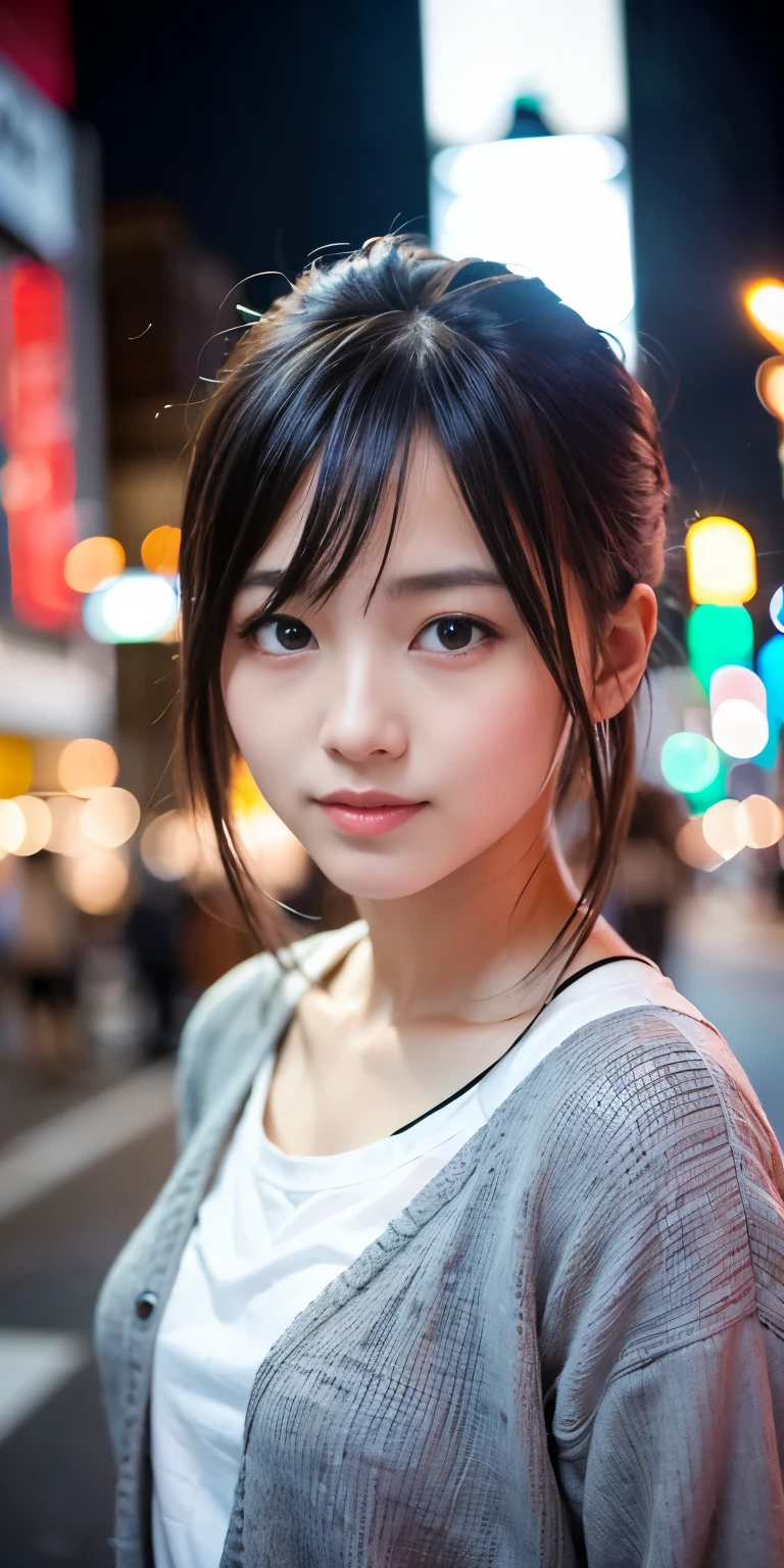 1 Girl, Tokyo Street,night, Streetscape,City lights,Upper Body,close,smile,, (8K, Raw photo, highest quality, masterpiece:1.2),(Realistic, photo-Realistic:1.37),