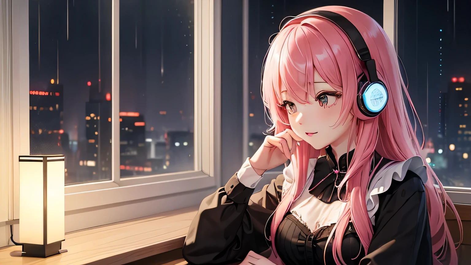 Rain sound and night view image: Rainy night、A scene of relaxing while looking out the window。 scenario: With the sound of rain and the visuals of the night view as the background、Soft lo-fi music plays。Perfect as background music to help you concentrate on studying or working。 [instrumental](masterpiece, Highest quality, Highest quality, Official Art, beautifully、aesthetic:1.2), (One girl), Very detailed,(Fractal Art:1.3),colorful,Most detailed pink hair、I have headphones on。