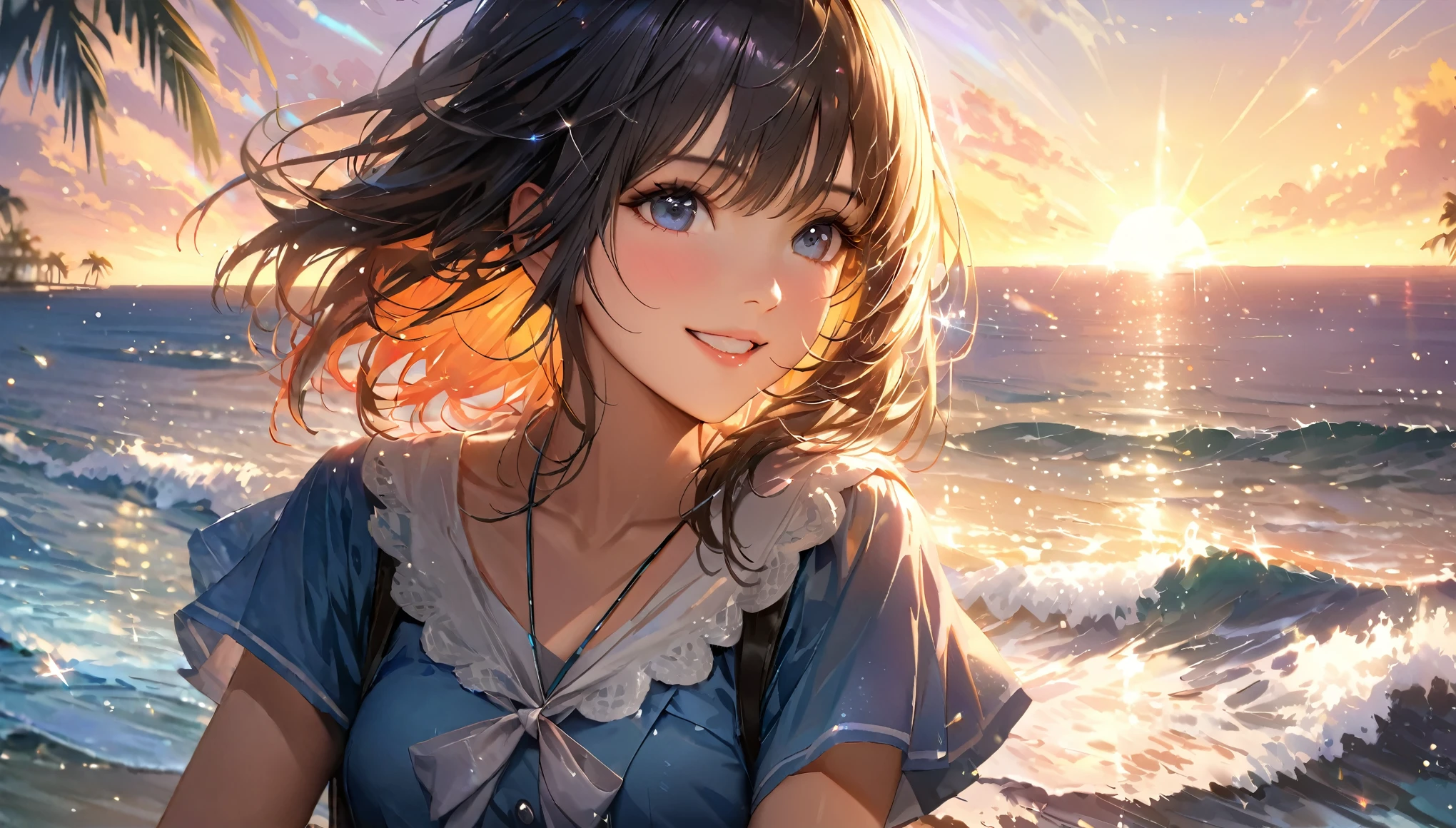 Sparkling sea and tropical ocean, Sunny sky with fluffy white clouds, Palm trees along the coast, Blur the background,Pleasant sea breeze,high school girl,short hair,smile,Glitter effect,Highest quality, 4K, 8K, High resolution, masterpiece:1.2, Very detailed, Realistic:1.37, High resolution, 超High resolution, Ultra-fine painting, Sharp focus, Physically Based Rendering, Very detailedな説明, Professional, Vibrant colors