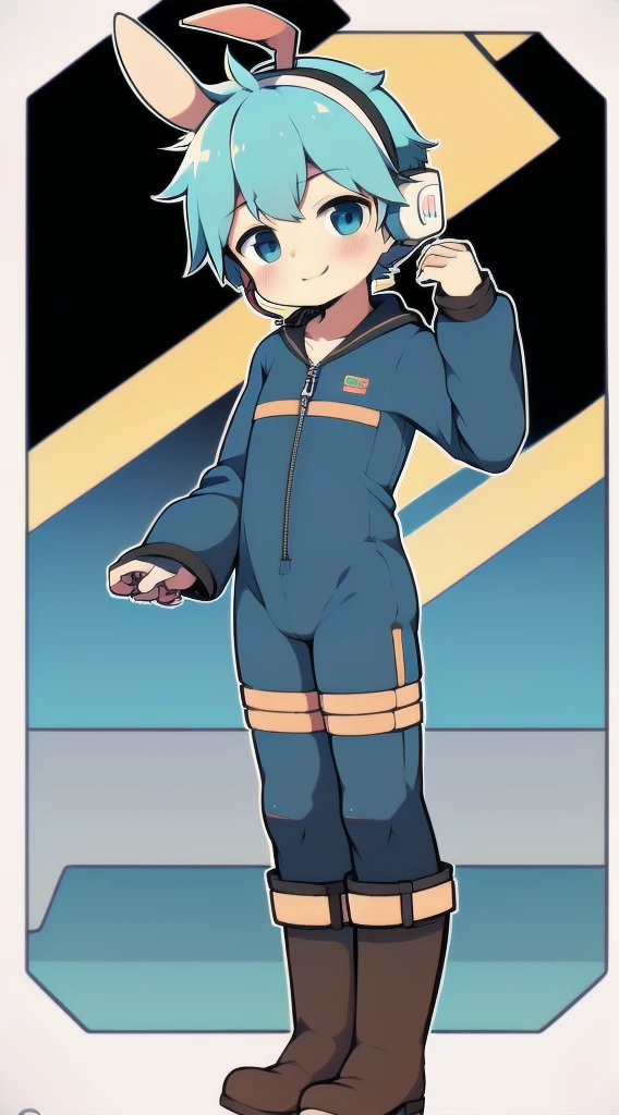 2D Boy Shota，One-piece mountaineering suit，Slim, healthy body，Put the headphones on your head，stand up，goggles，Rabbit ears，happy，Sailor collar，tie，Zipper pulled down，boots