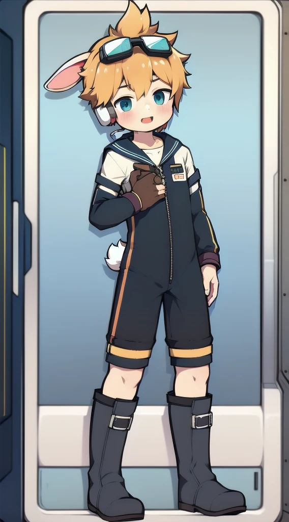 2D Shonen Shota,One-piece suit,Slim, healthy body,Put the headphones on your head,stand up,goggles,Rabbit ears,Happy,Sailor collar,boots,charming,Akimbo